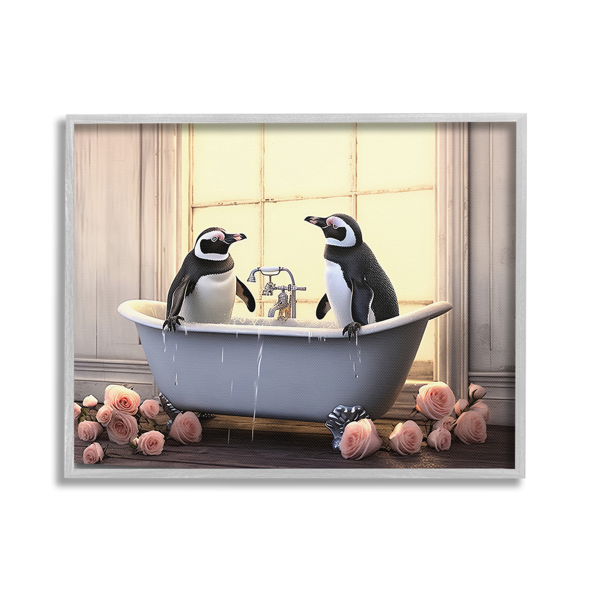Stupell Industries Penguins Bathing in Tub Animals & Insects Painting Gray Framed Art Print Wall Art, 30 x 24