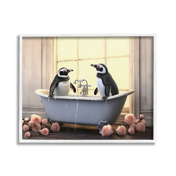 Stupell Industries Penguins Bathing in Tub Animals & Insects Painting White Framed Art Print Wall Art, 30 x 24
