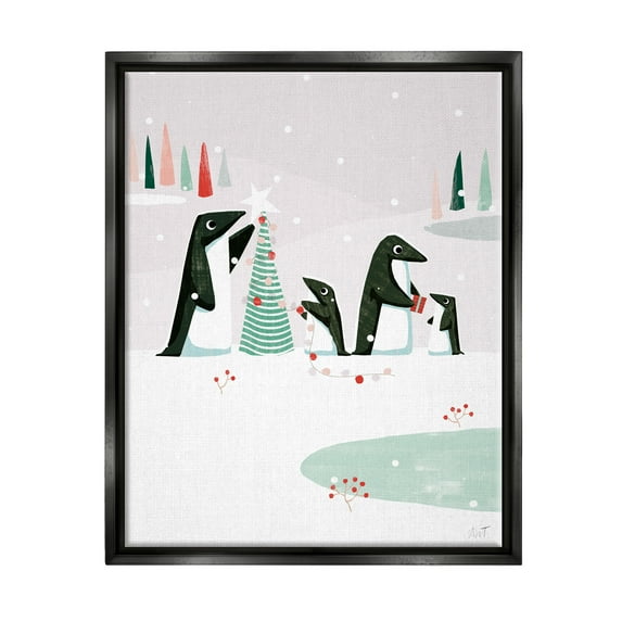 Stupell Industries Penguins Decorating Christmas Tree Holiday Painting Black Floater Framed Art Print Wall Art