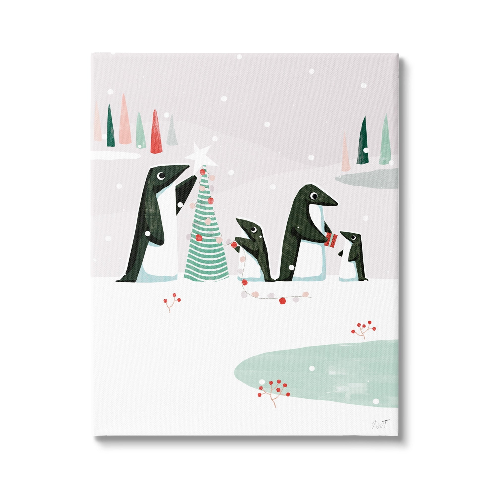 Stupell Industries Penguins Decorating Christmas Tree Holiday Painting Gallery Wrapped Canvas Print Wall Art