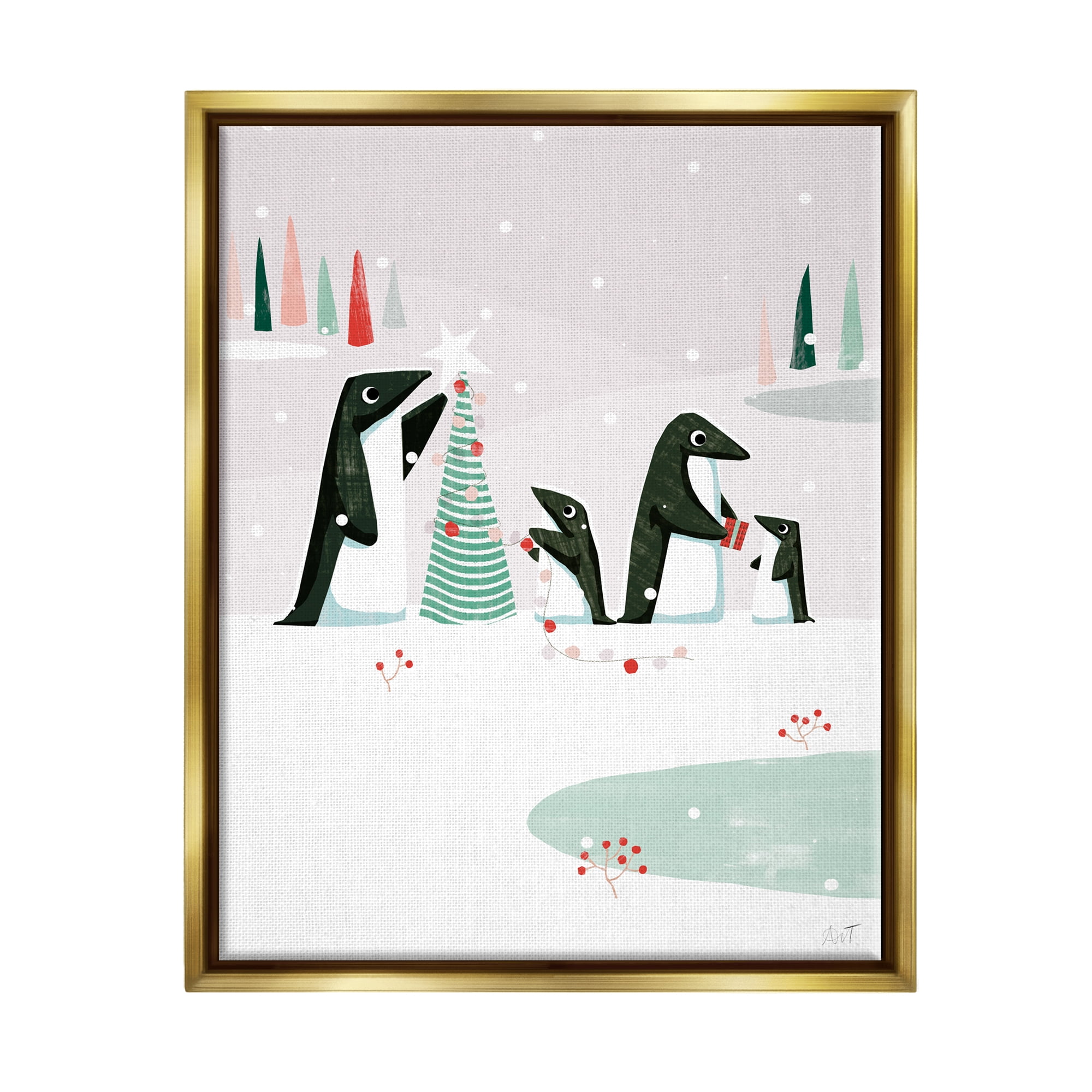 Stupell Industries Penguins Decorating Christmas Tree Holiday Painting Gold Floater Framed Art Print Wall Art