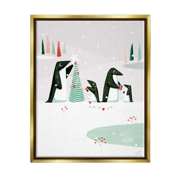 Stupell Industries Penguins Decorating Christmas Tree Holiday Painting Gold Floater Framed Art Print Wall Art