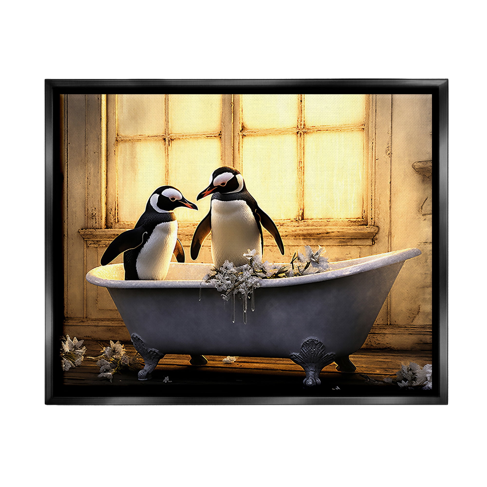 Stupell Industries Penguins in Sunlit Bath Animals & Insects Painting Black Floater Framed Canvas Art Print Wall Art, 21 x 17