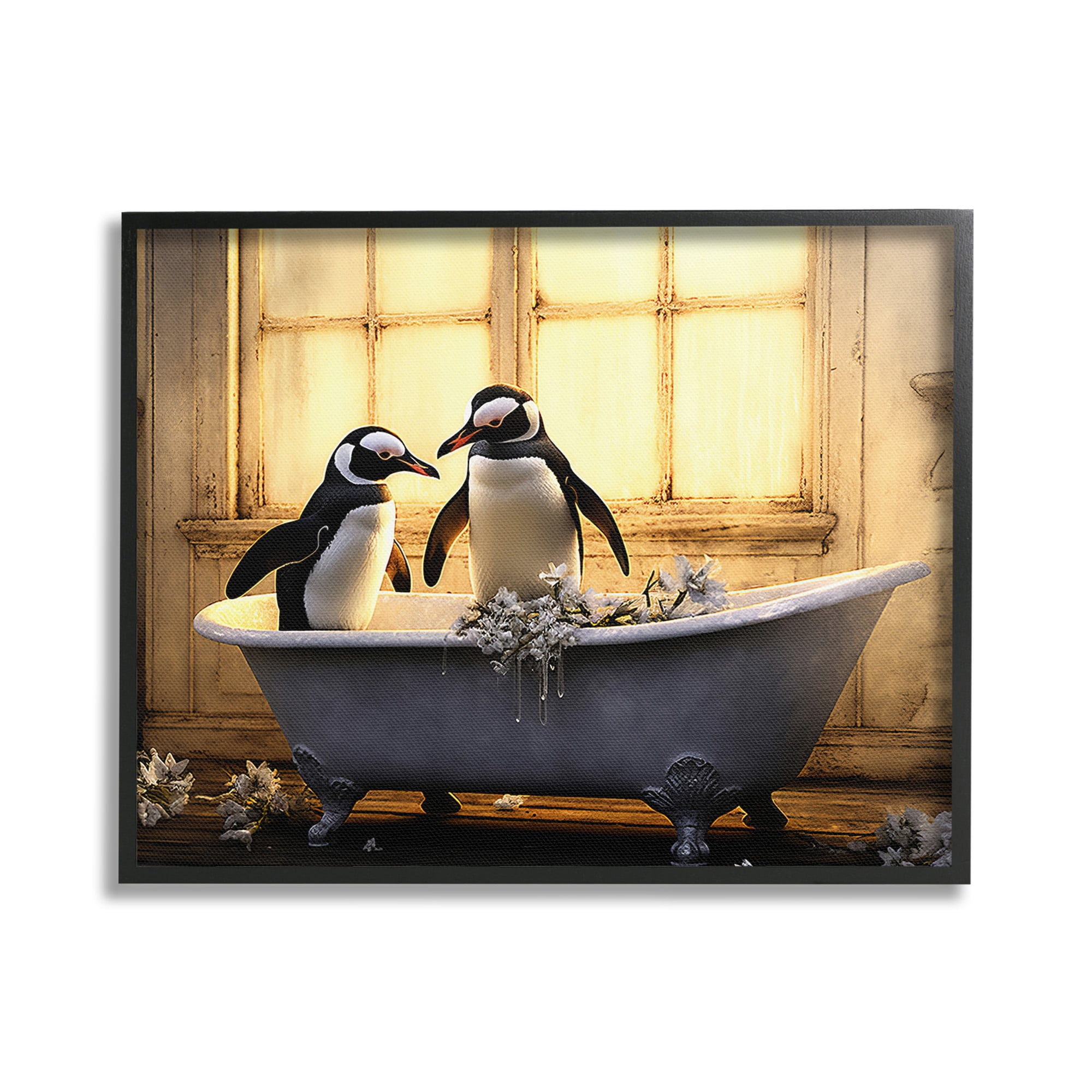 Stupell Industries Penguins in Sunlit Bath Animals & Insects Painting Black Framed Art Print Wall Art, 20 x 16