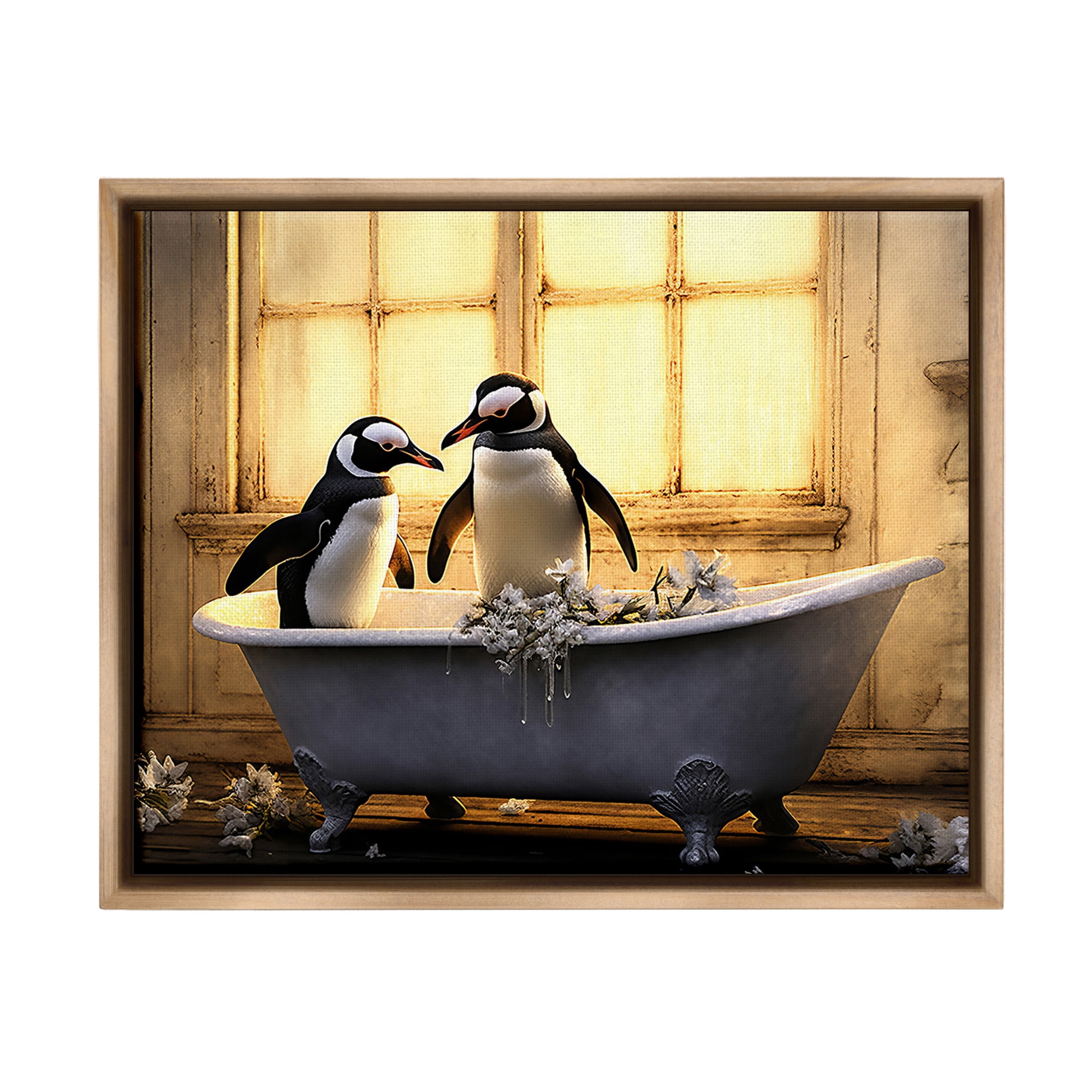 Stupell Industries Penguins in Sunlit Bath Animals & Insects Painting Brown Floater Framed Canvas Art Print Wall Art, 21 x 17
