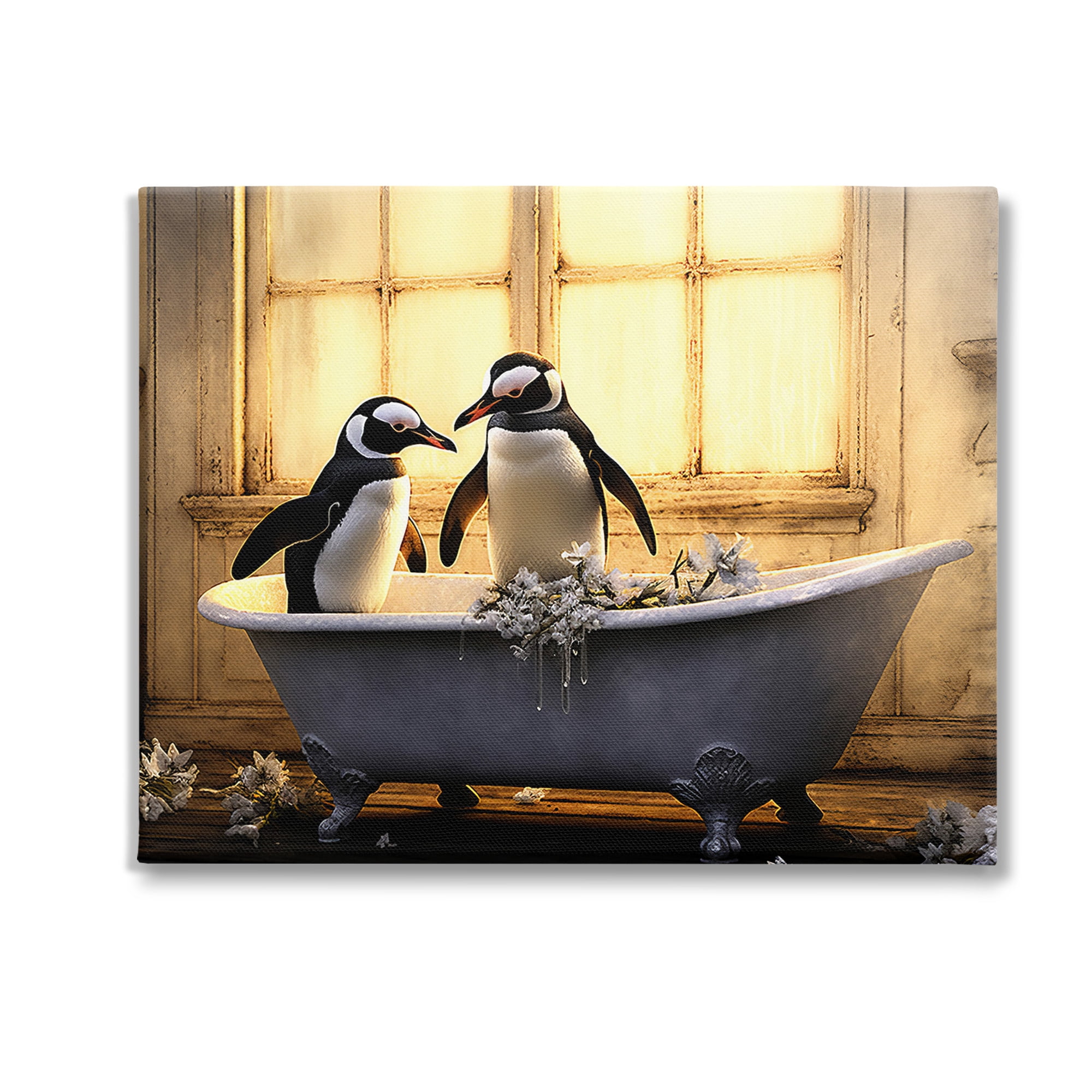 Stupell Industries Penguins in Sunlit Bath Animals & Insects Painting Gallery Wrapped Canvas Art Print Wall Art, 30 x 24