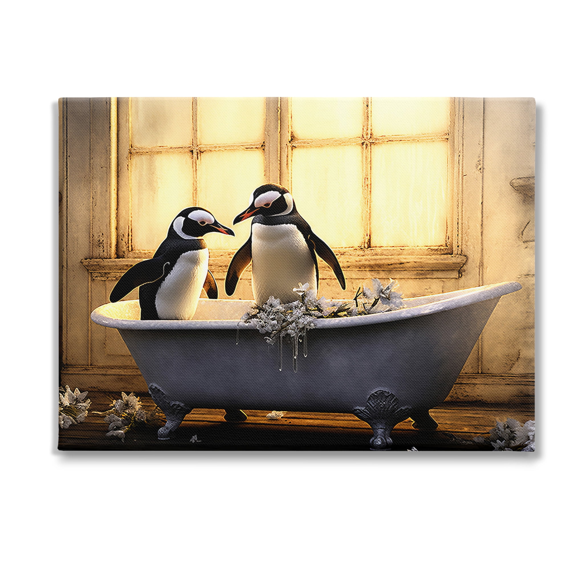Stupell Industries Penguins in Sunlit Bath Animals & Insects Painting Gallery Wrapped Canvas Art Print Wall Art, 48 x 36