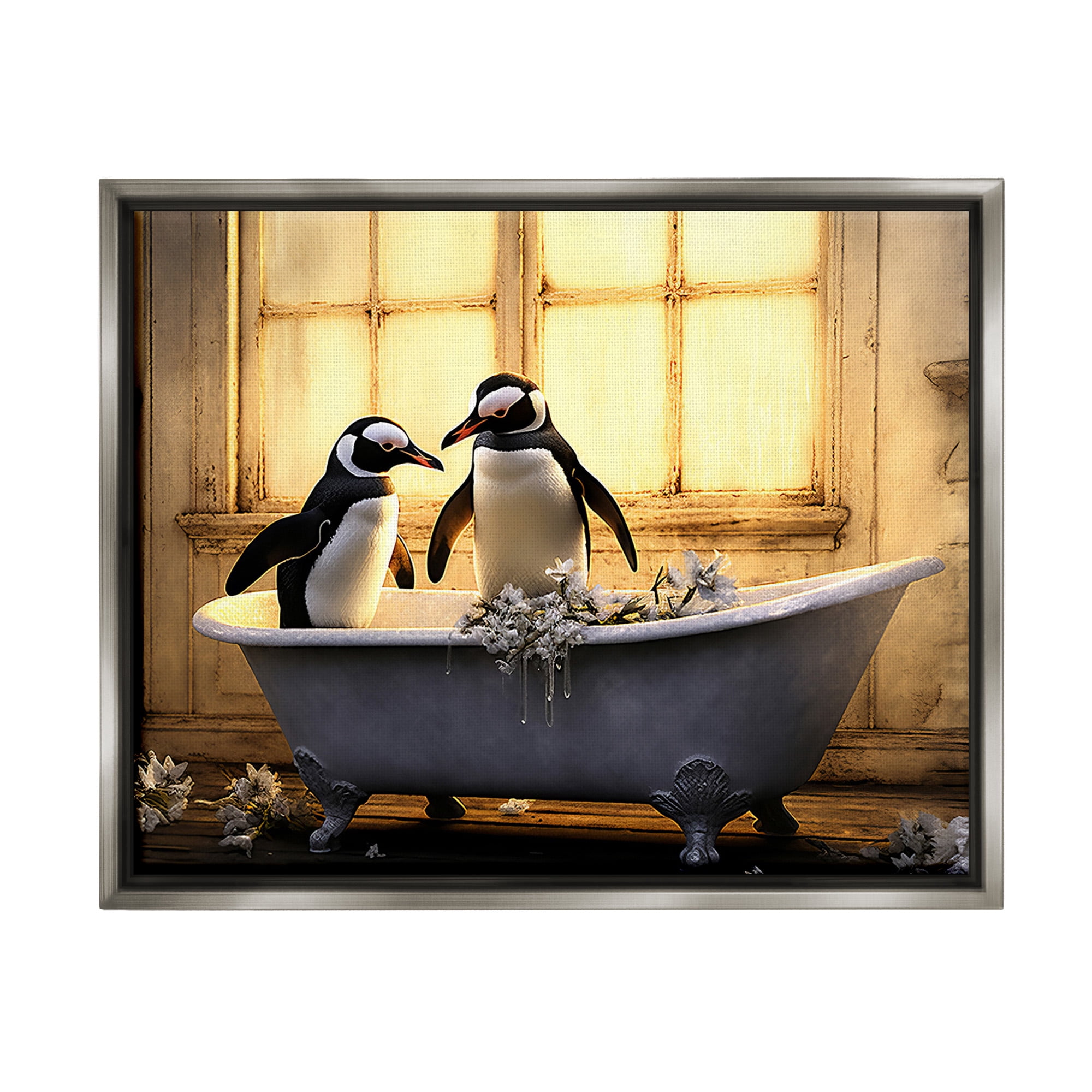 Stupell Industries Penguins in Sunlit Bath Animals & Insects Painting Gray Floater Framed Canvas Art Print Wall Art, 31 x 25