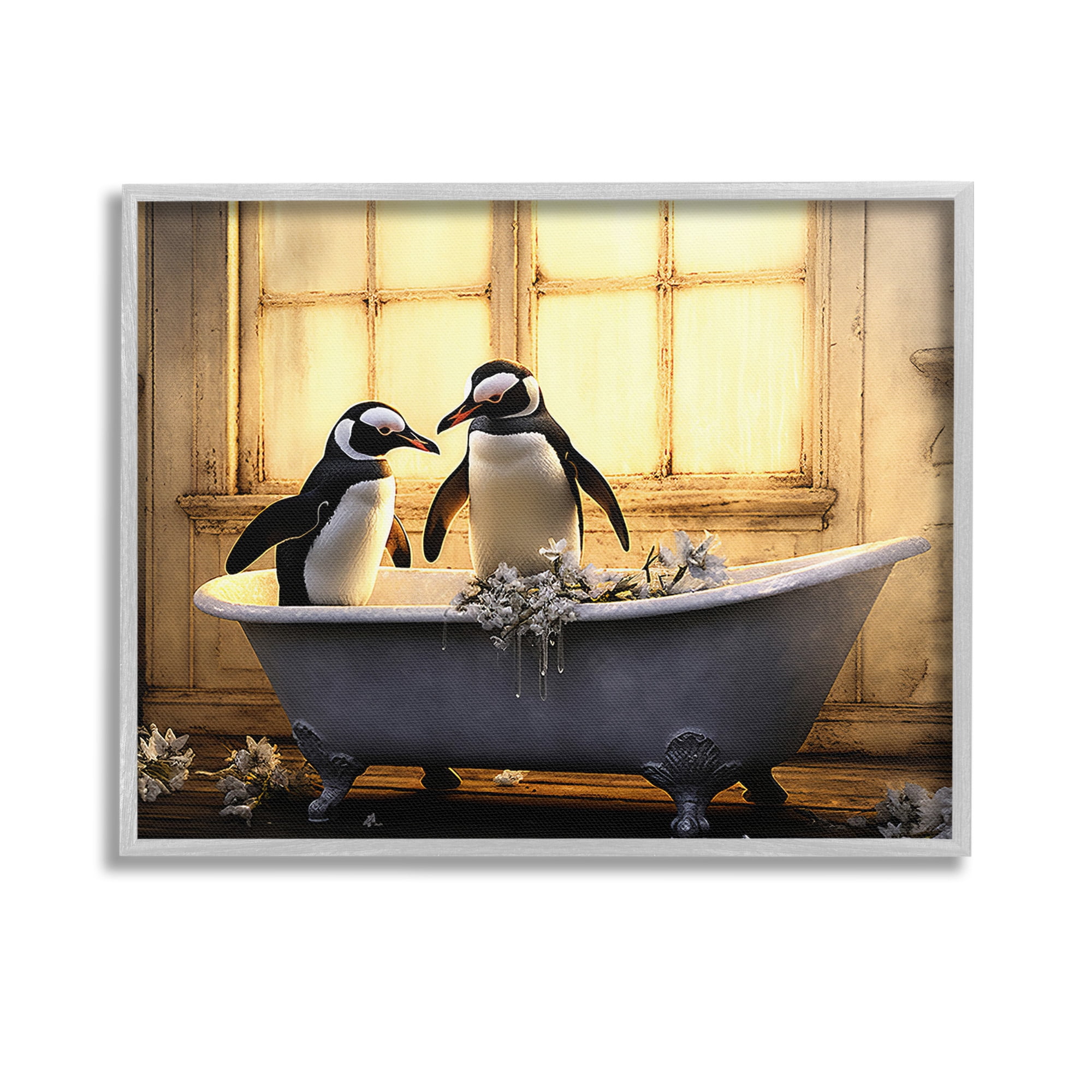 Stupell Industries Penguins in Sunlit Bath Animals & Insects Painting Gray Framed Art Print Wall Art, 14 x 11