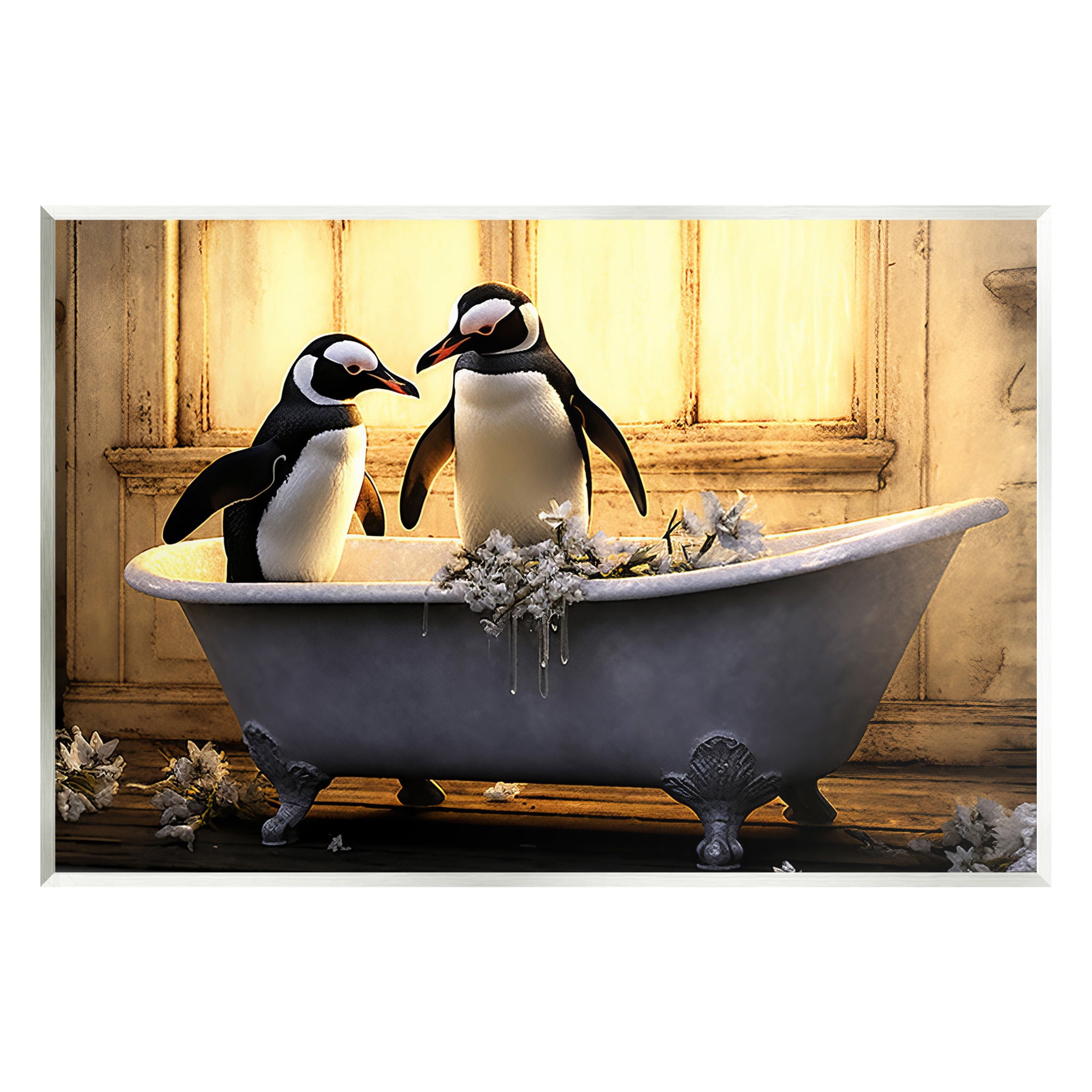 Stupell Industries Penguins in Sunlit Bath Animals & Insects Painting Unframed Art Print Wall Art, 19 x 13