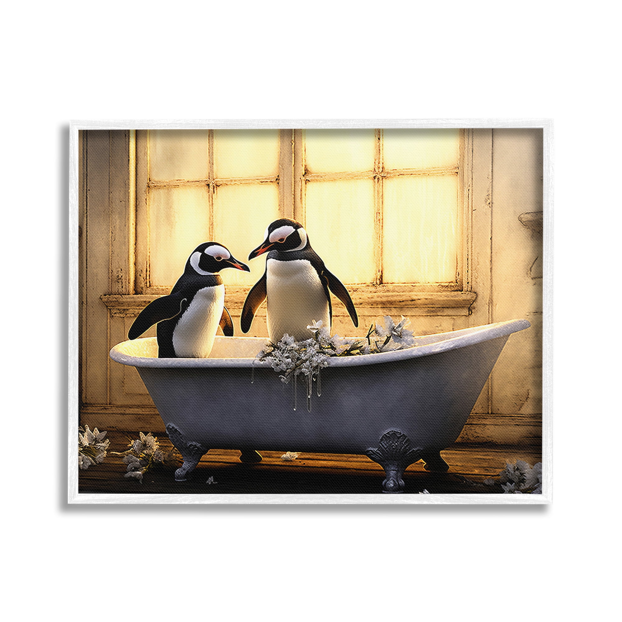 Stupell Industries Penguins in Sunlit Bath Animals & Insects Painting White Framed Art Print Wall Art, 20 x 16