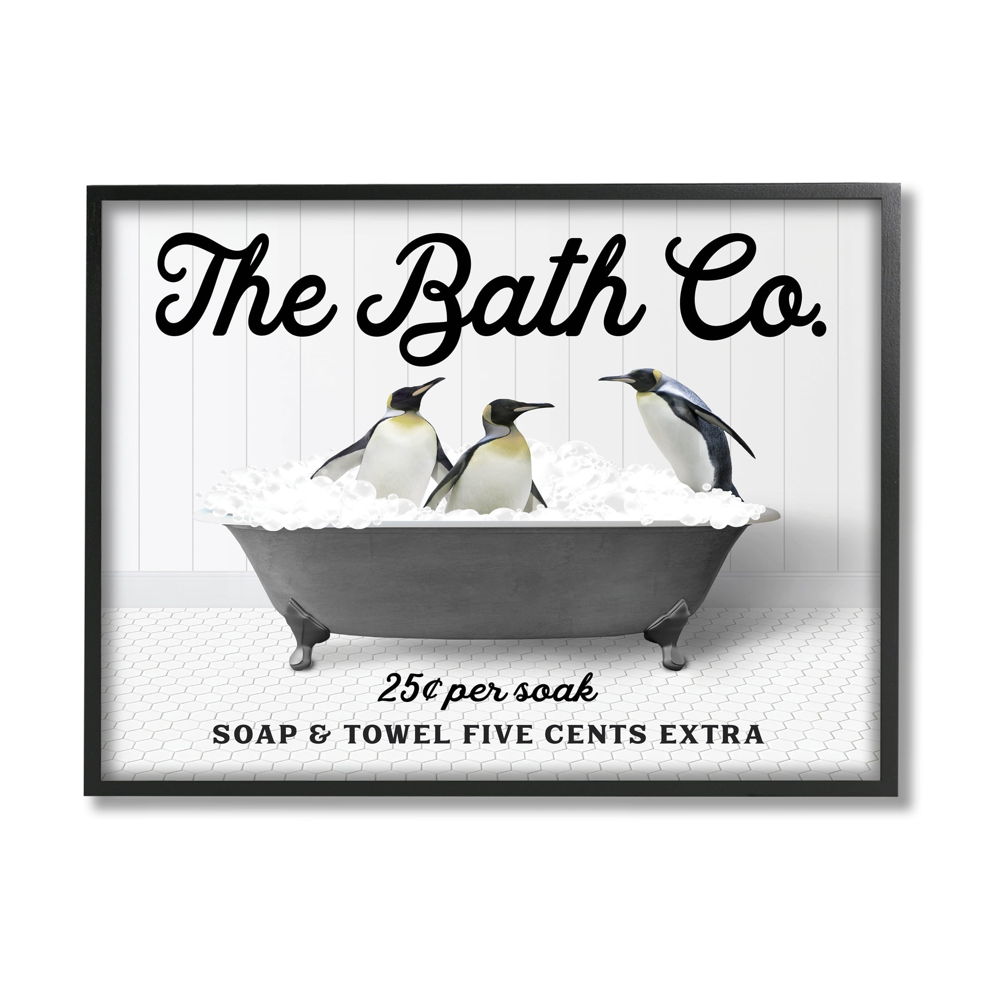 Stupell Industries Penguins in Vintage Tub Animals & Insects Painting Black Framed Art Print Wall Art, 30 x 24