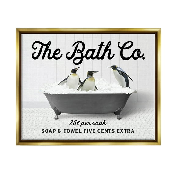 Stupell Industries Penguins in Vintage Tub Animals & Insects Painting Gold Floater Framed Art Print Wall Art, 31 x 25