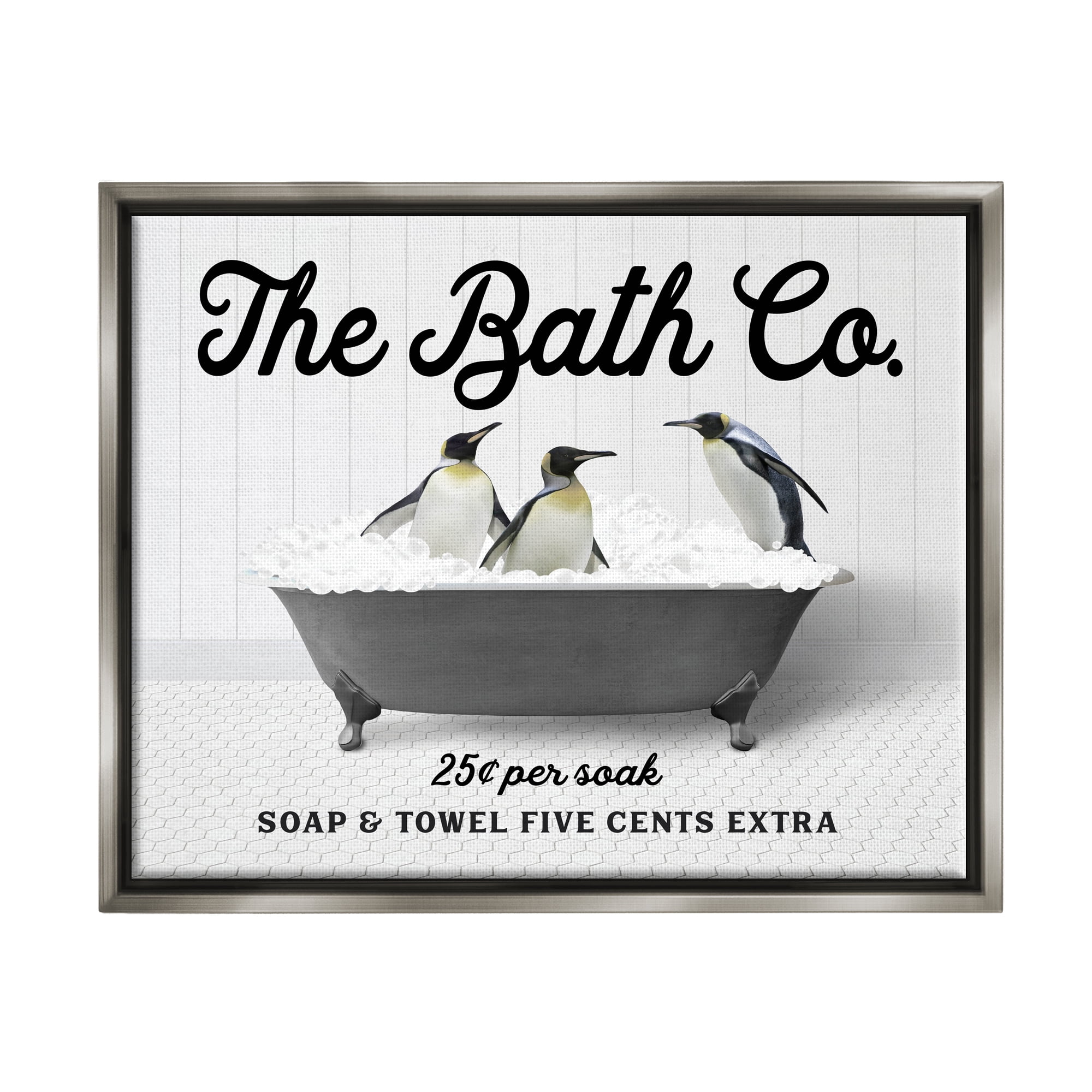 Stupell Industries Penguins in Vintage Tub Animals & Insects Painting Gray Floater Framed Art Print Wall Art, 31 x 25