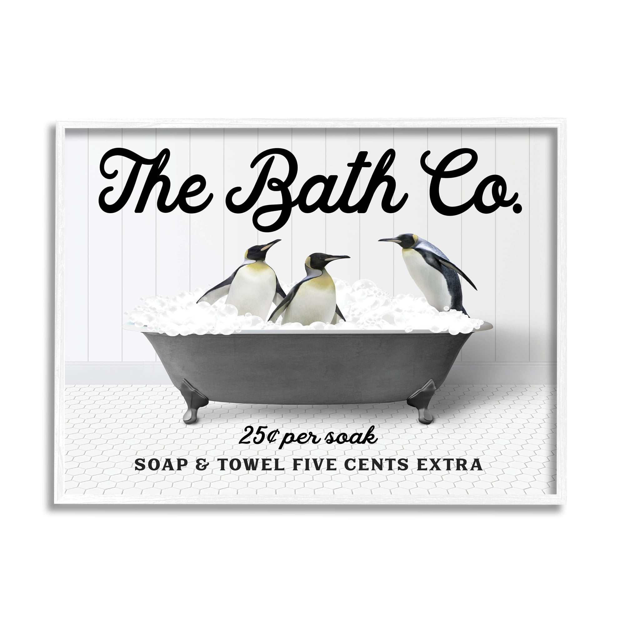 Stupell Industries Penguins in Vintage Tub Animals & Insects Painting White Framed Art Print Wall Art, 30 x 24