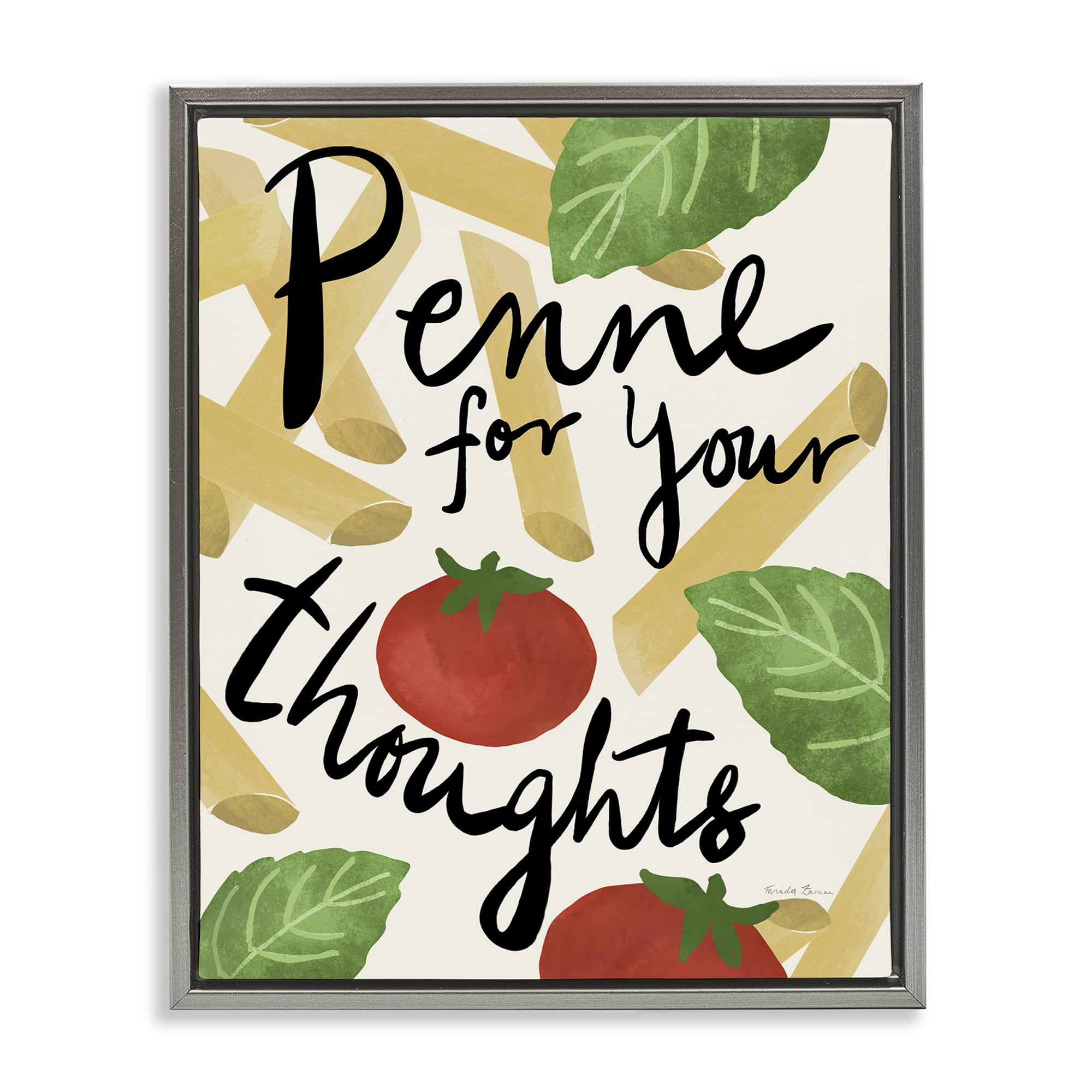 Stupell Industries Penne For Your Thoughts Food & Beverage Painting Gray Floater Framed Art Print Wall Art, 17 x 21