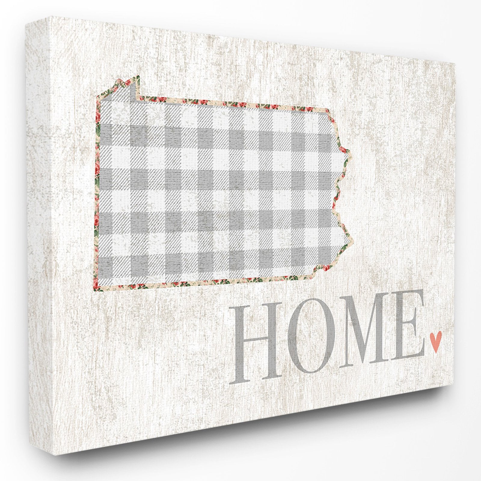 Stupell Industries Pennsylvania Grey Gingham and Floral Heart and Home Town & City Painting Gallery Wrapped Canvas Art Print Wall Art, 30 x 40