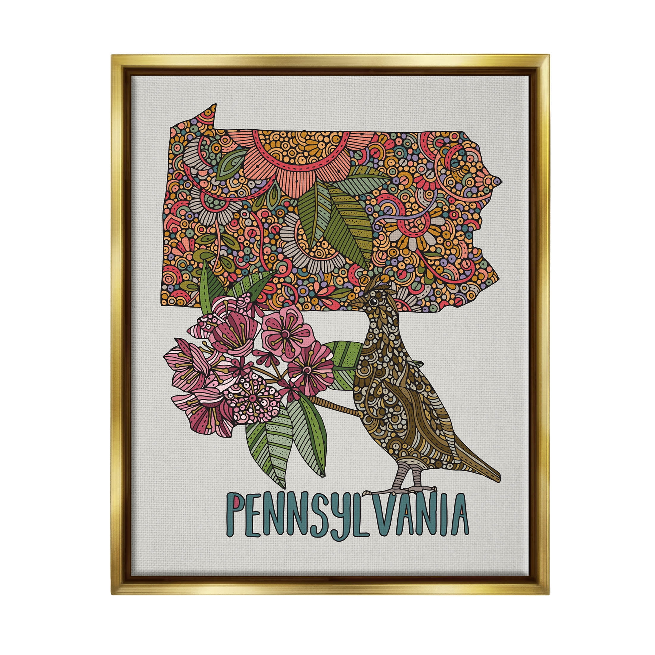 Stupell Industries Pennsylvania Patterned State Graphic Art Metallic Gold Floating Framed Canvas Print Wall Art, Design by Valentina Harper