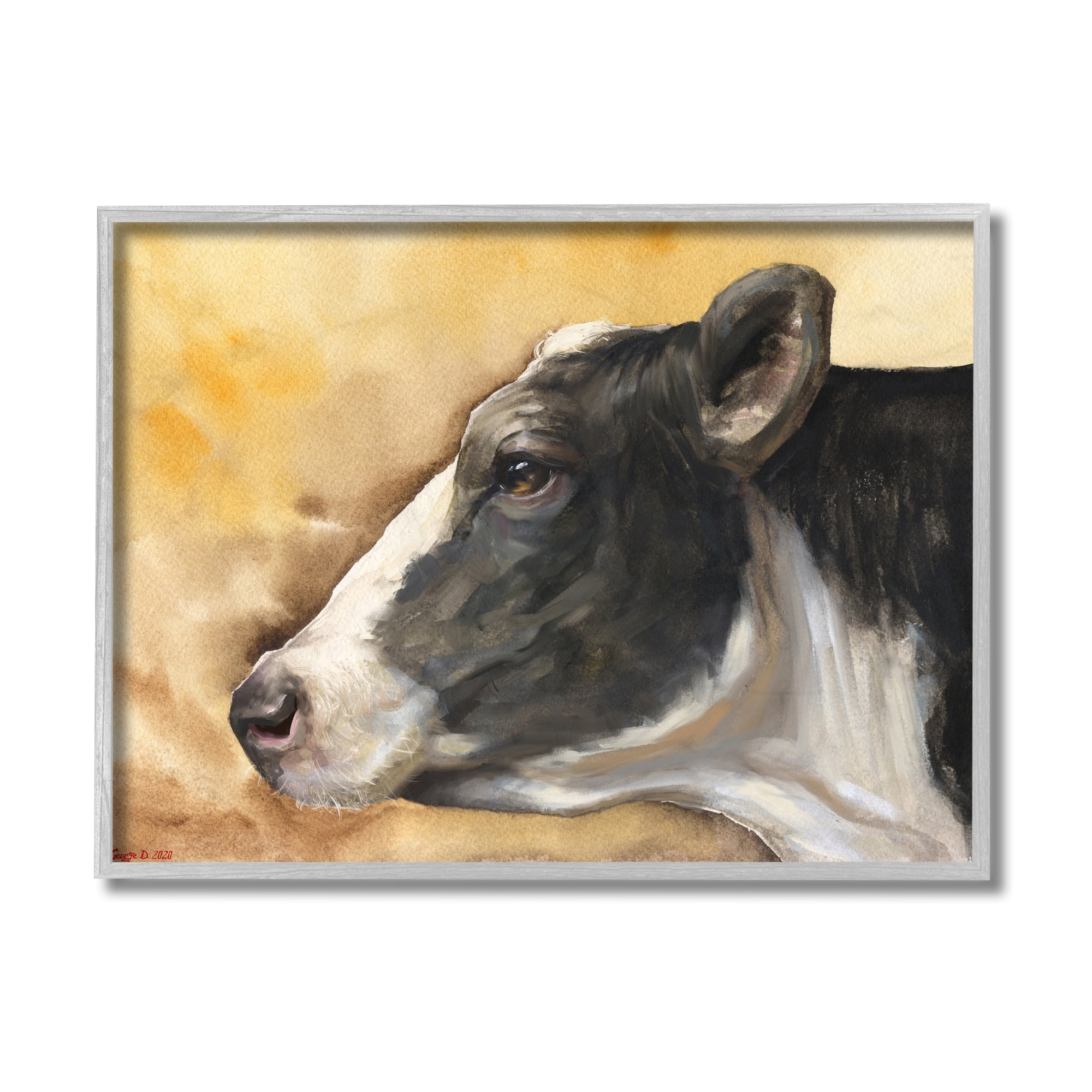 Stupell Industries Pensive Cow Portrait Farm Animal Over Brown Grey Framed, 11 x 14, Design by George Dyachenko