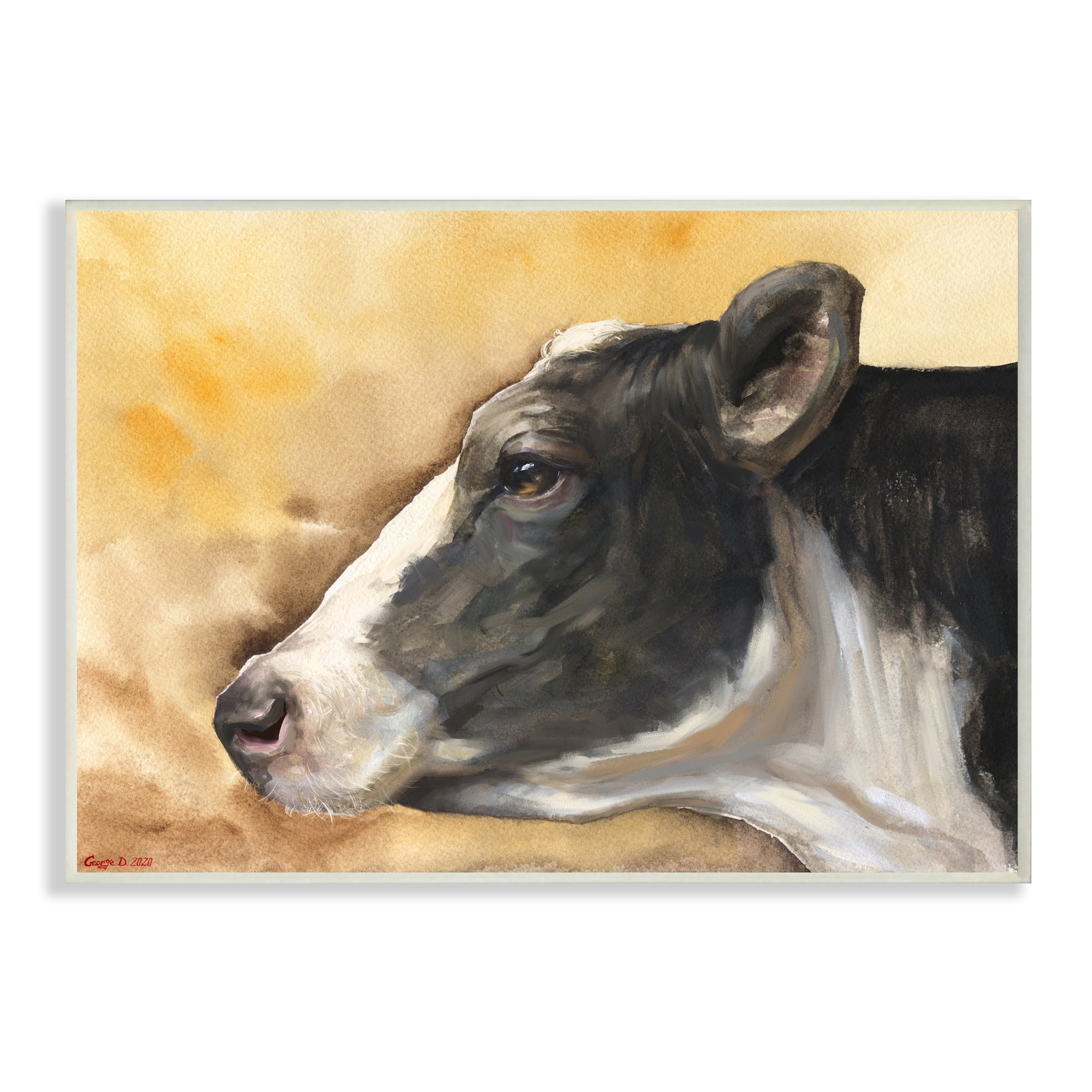 Stupell Industries Pensive Cow Portrait Farm Animal Over Brown Wall Plaque, 13 x 19, Design by George Dyachenko