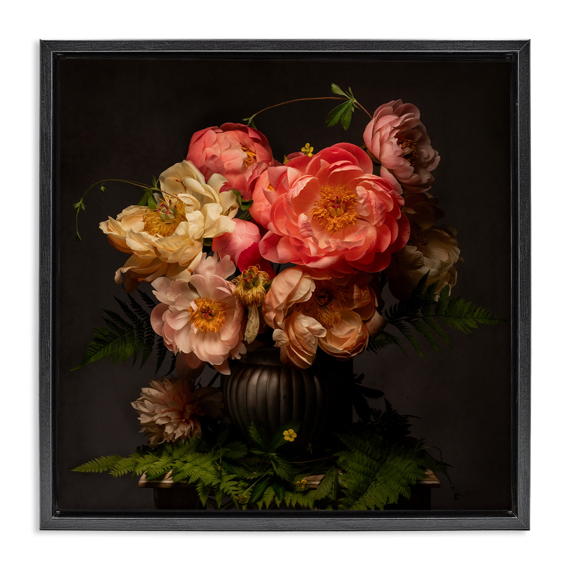 Stupell Industries Peonies & Ferns Bouquet Plants & Flowers Photography Black Floater Framed Canvas Art Print Wall Art, 25 x 25