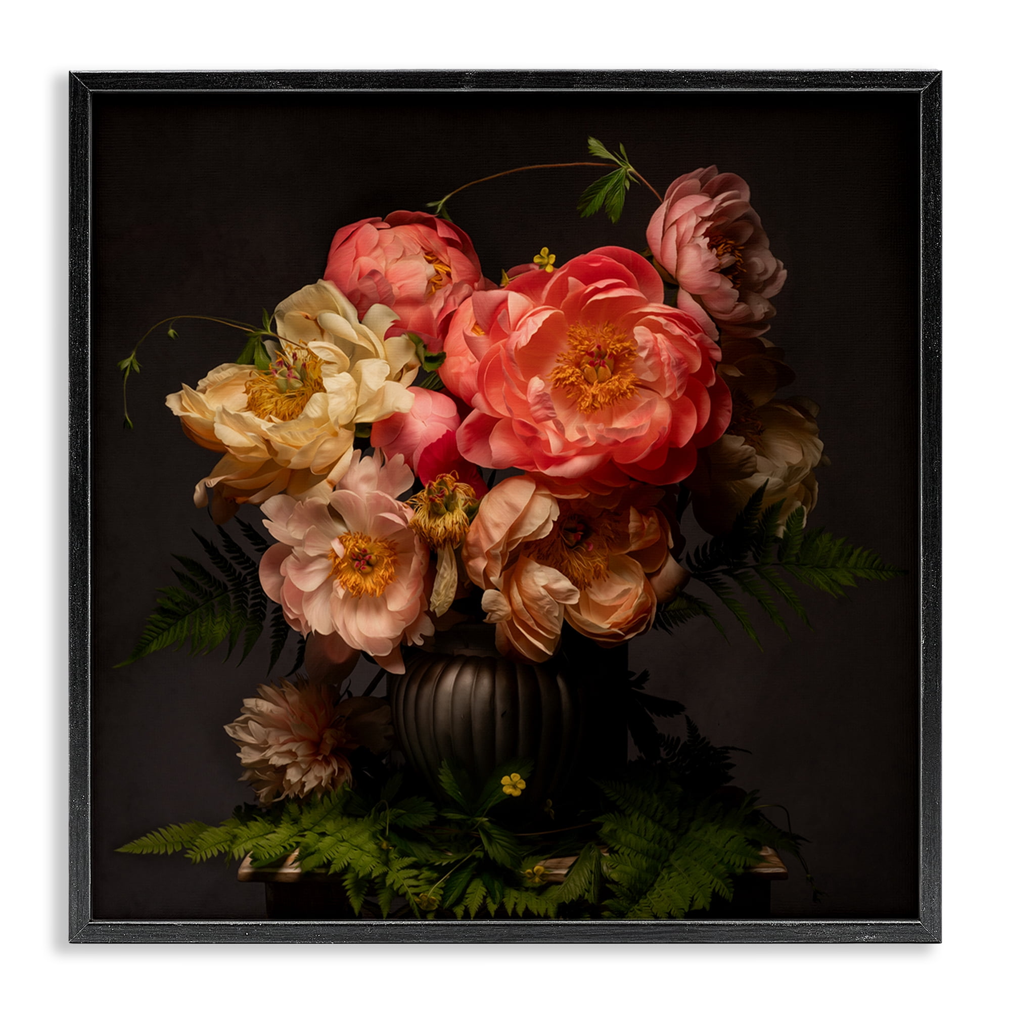 Stupell Industries Peonies & Ferns Bouquet Plants & Flowers Photography Black Framed Art Print Wall Art, 17 x 17