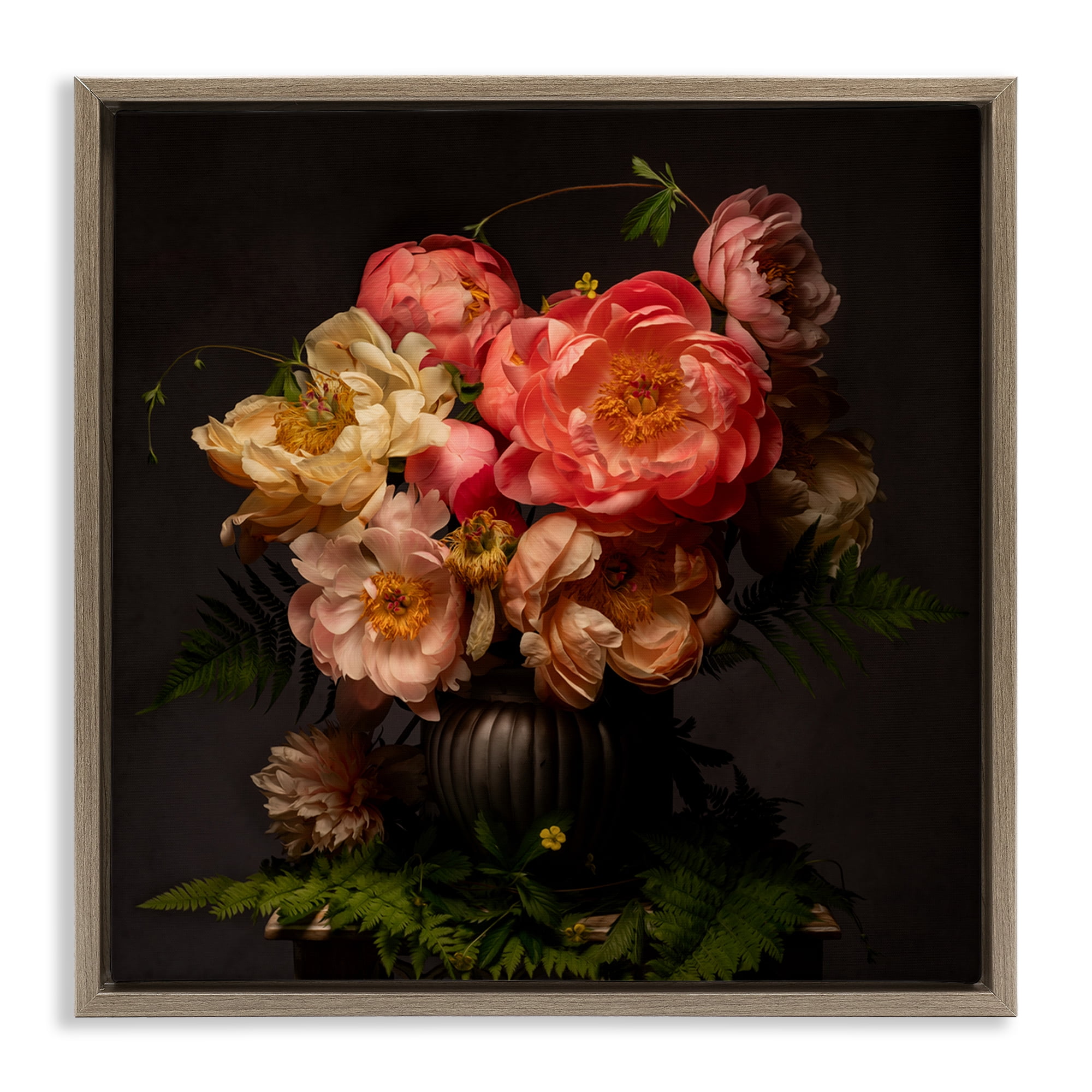 Stupell Industries Peonies & Ferns Bouquet Plants & Flowers Photography Brown Floater Framed Canvas Art Print Wall Art, 18 x 18