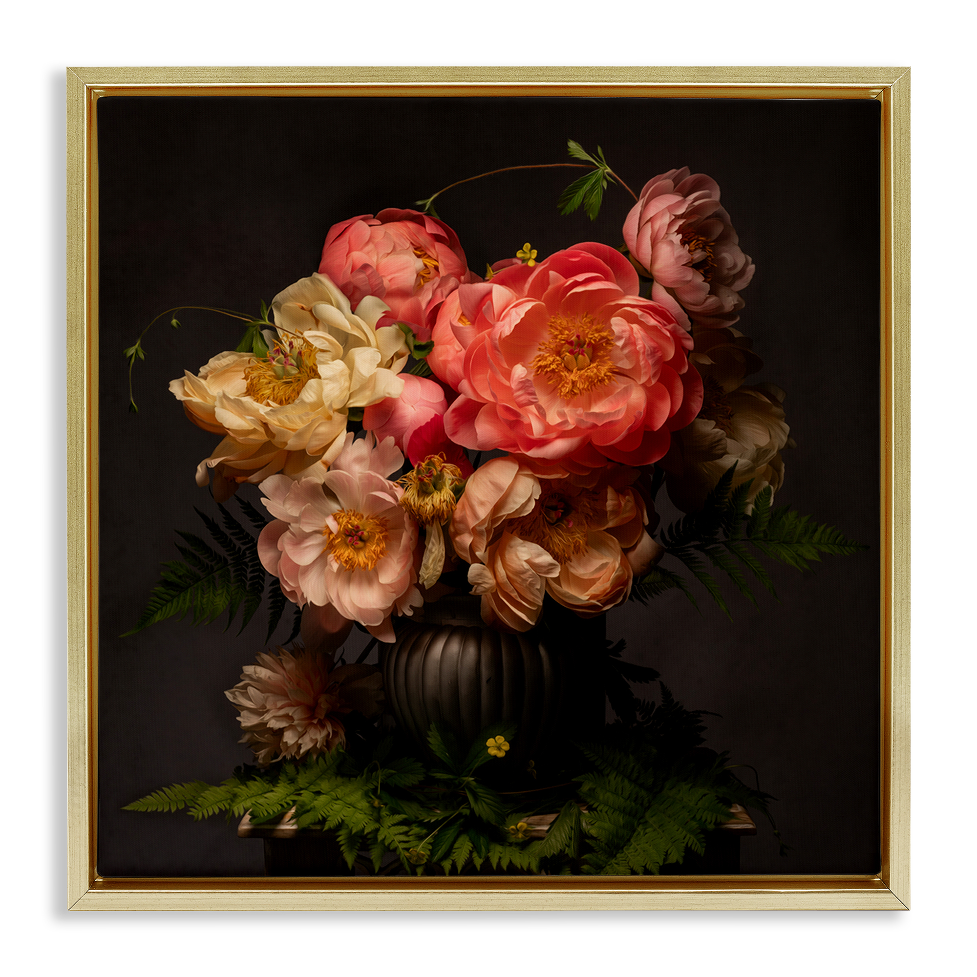 Stupell Industries Peonies & Ferns Bouquet Plants & Flowers Photography Gold Floater Framed Canvas Art Print Wall Art, 18 x 18