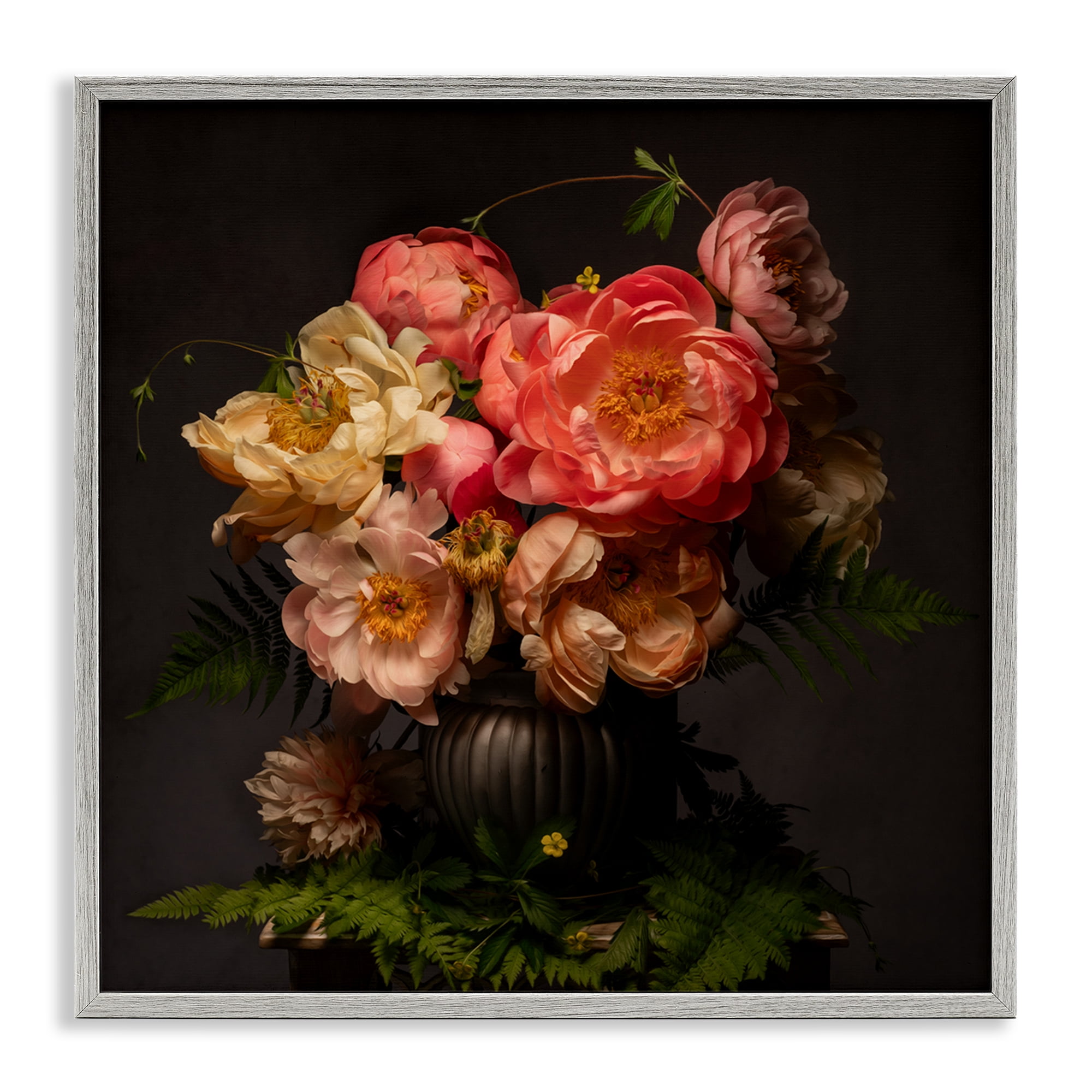 Stupell Industries Peonies & Ferns Bouquet Plants & Flowers Photography Gray Framed Art Print Wall Art, 12 x 12