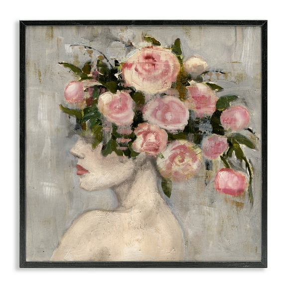 Stupell Industries Peonies Headdress Woman Plants & Flowers Painting Black Framed Art Print Wall Art, 12 x 12