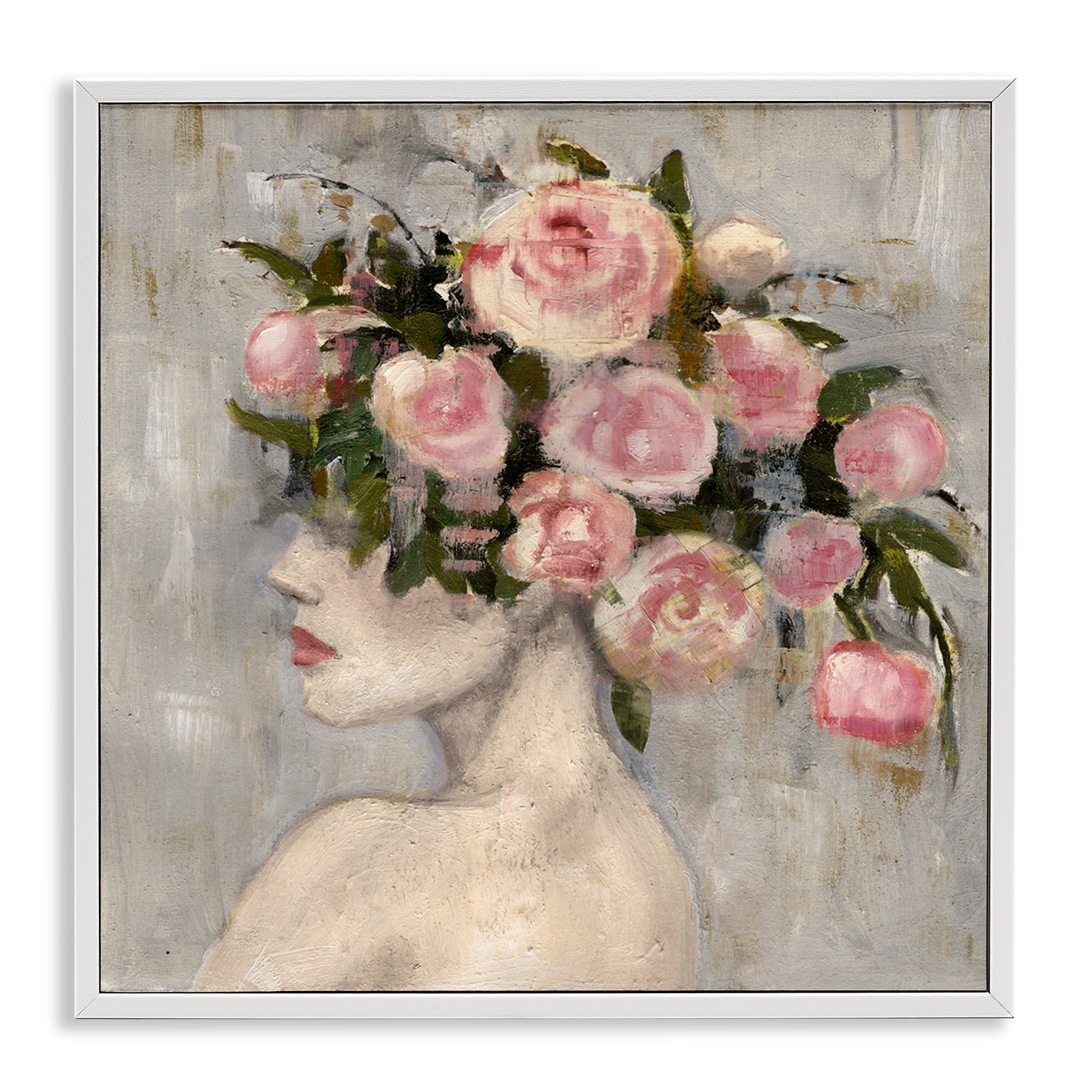 Stupell Industries Peonies Headdress Woman Plants & Flowers Painting White Framed Art Print Wall Art, 17 x 17