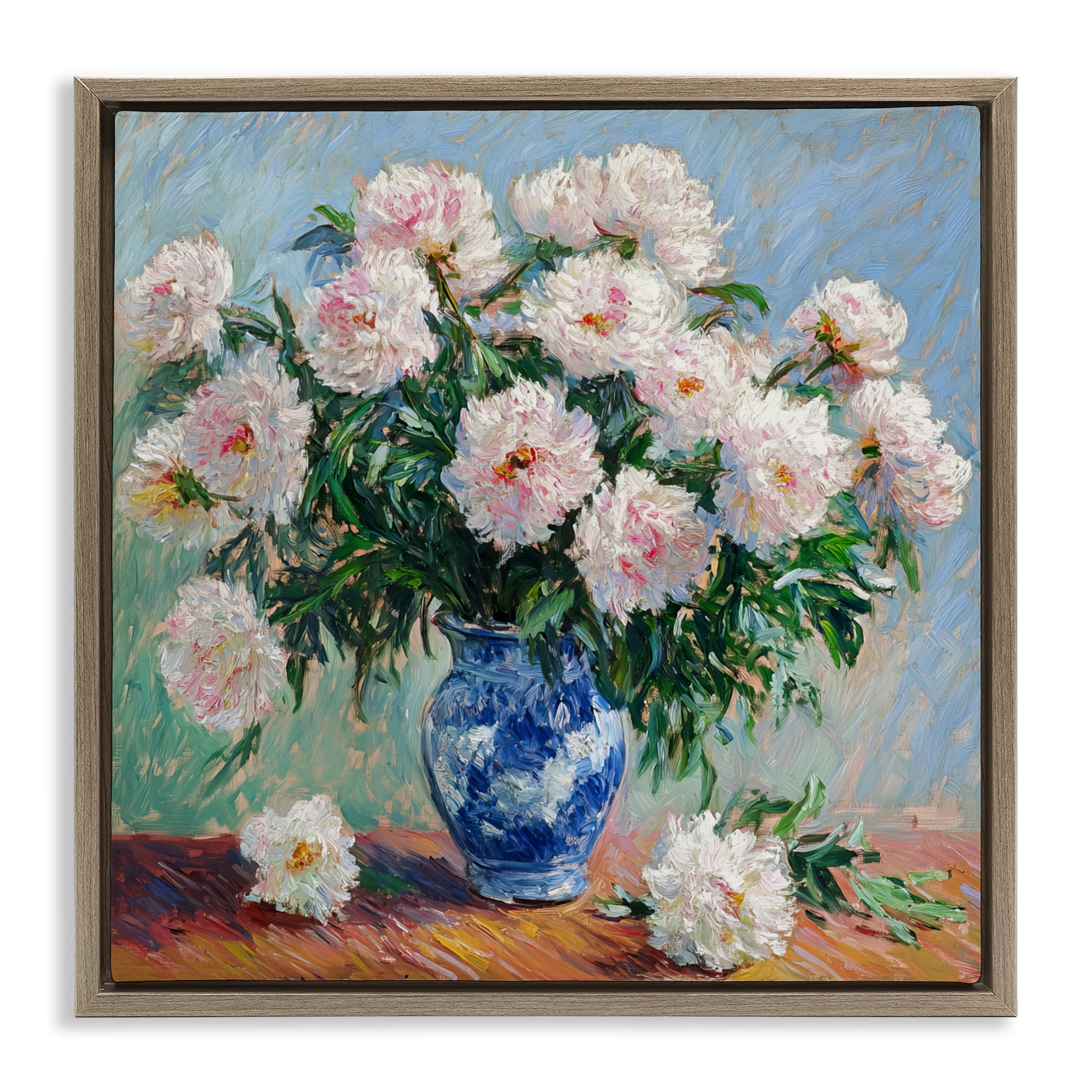 Stupell Industries Peonies in Blue Vase Brown Framed Floater Canvas Wall Art, design by Tina LeCour