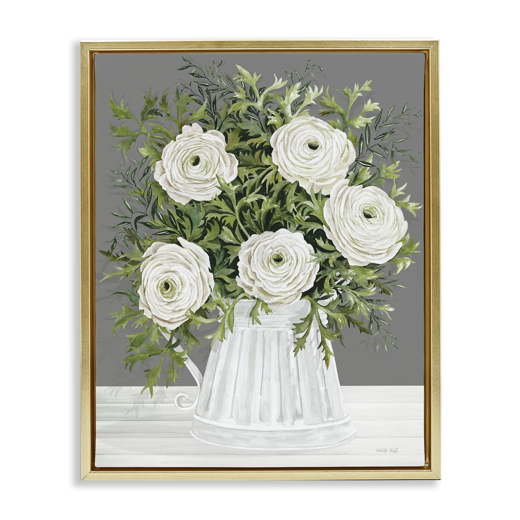 Stupell Industries Peonies in Country Vase Botanical & Floral Painting Gold Floater Framed Art Print Wall Art, 17 x 21