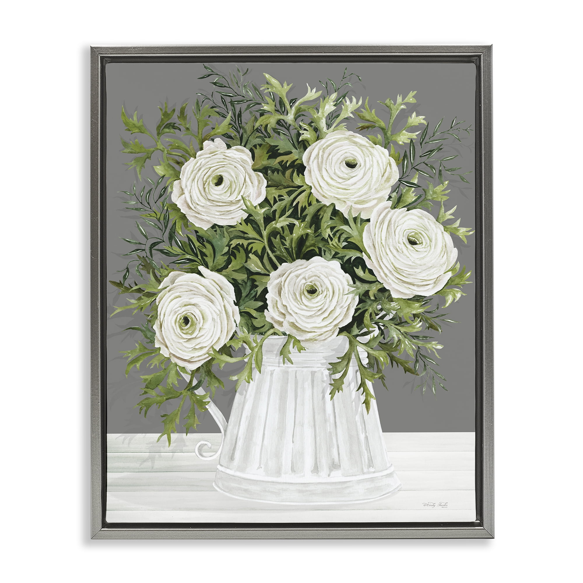 Stupell Industries Peonies in Country Vase Botanical & Floral Painting Gray Floater Framed Art Print Wall Art, 17 x 21