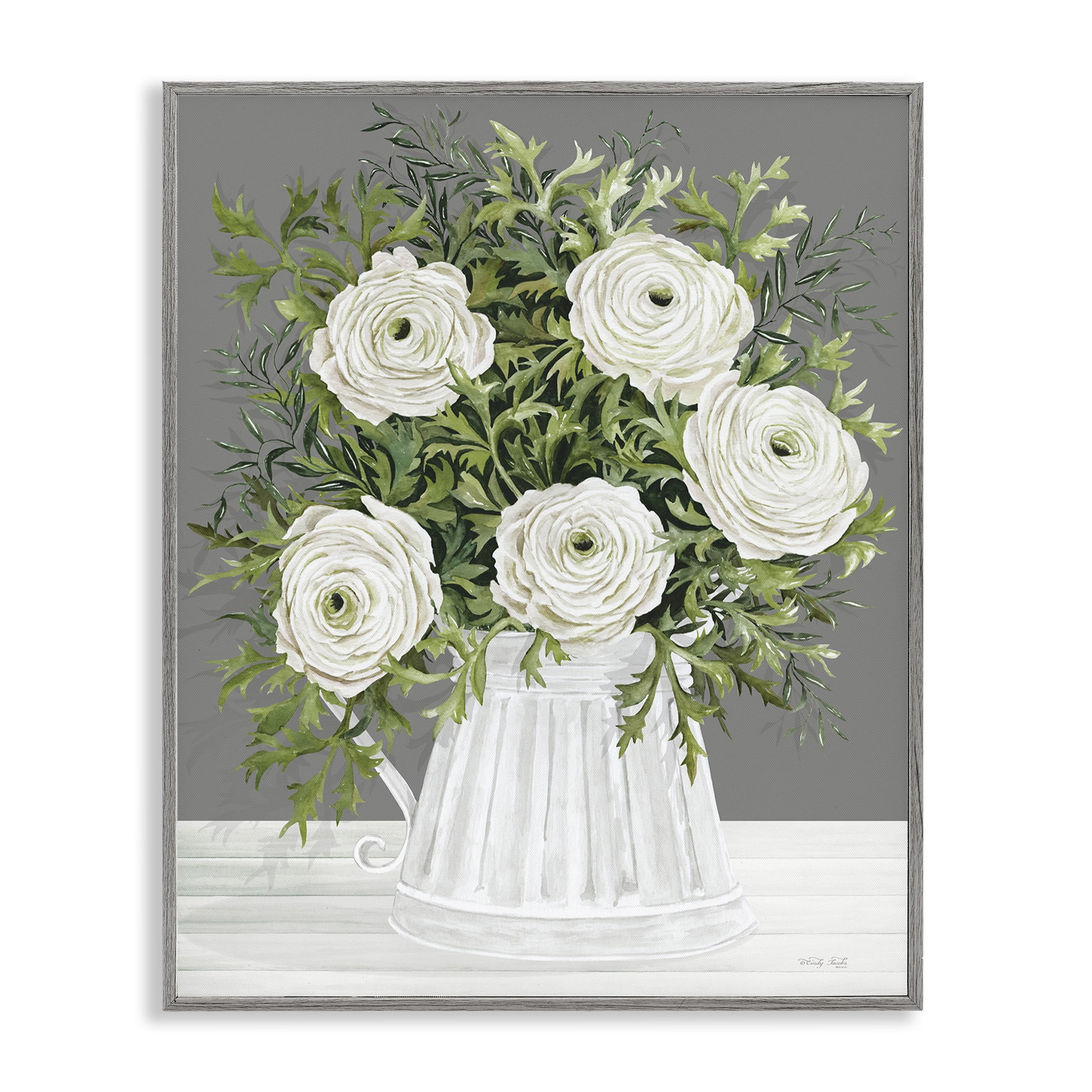 Stupell Industries Peonies in Country Vase Botanical & Floral Painting Gray Framed Art Print Wall Art, 16 x 20