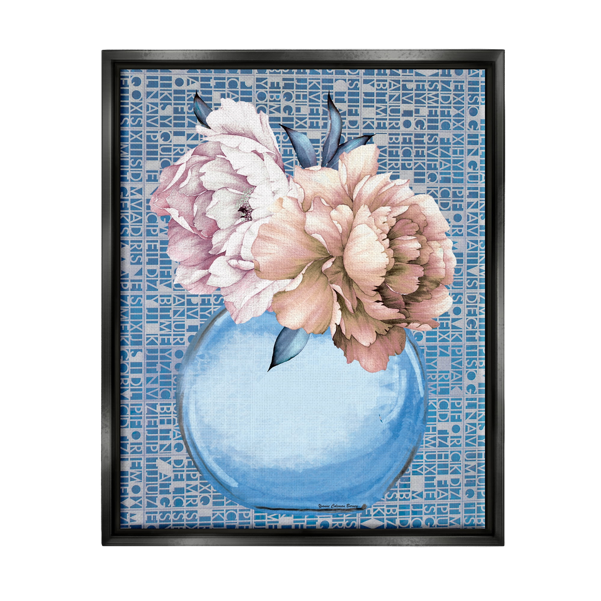 Stupell Industries Peonies on Typography Pattern Botanical & Floral Painting Black Floater Framed Art Print Wall Art, 25 x 31