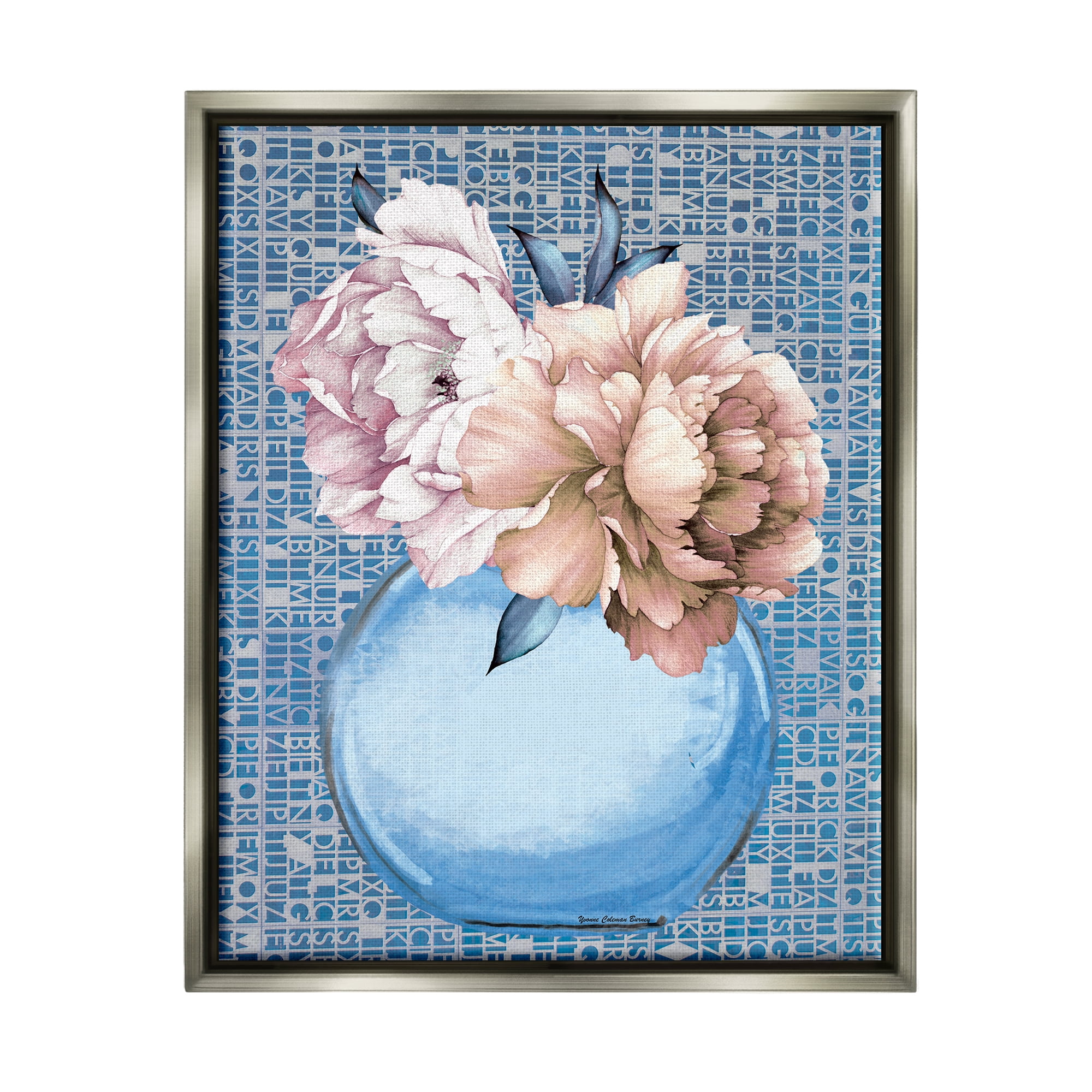 Stupell Industries Peonies on Typography Pattern Botanical & Floral Painting Gray Floater Framed Art Print Wall Art, 25 x 31