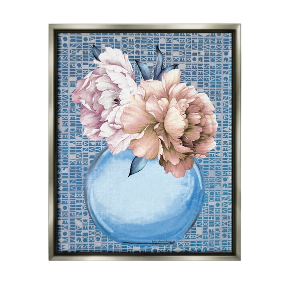 Stupell Industries Peonies on Typography Pattern Botanical & Floral Painting Gray Floater Framed Art Print Wall Art, 25 x 31