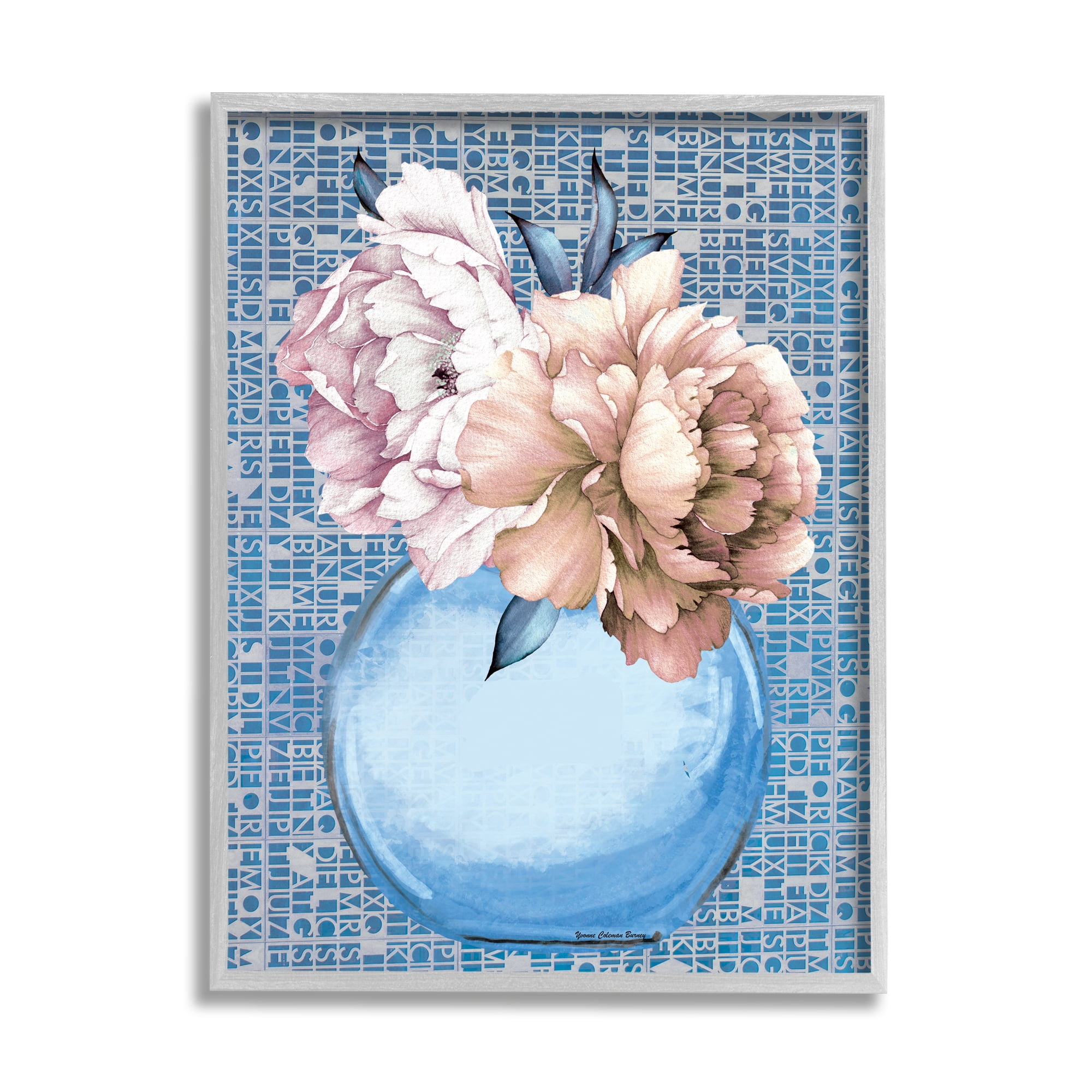 Stupell Industries Peonies on Typography Pattern Botanical & Floral Painting Gray Framed Art Print Wall Art, 16 x 20