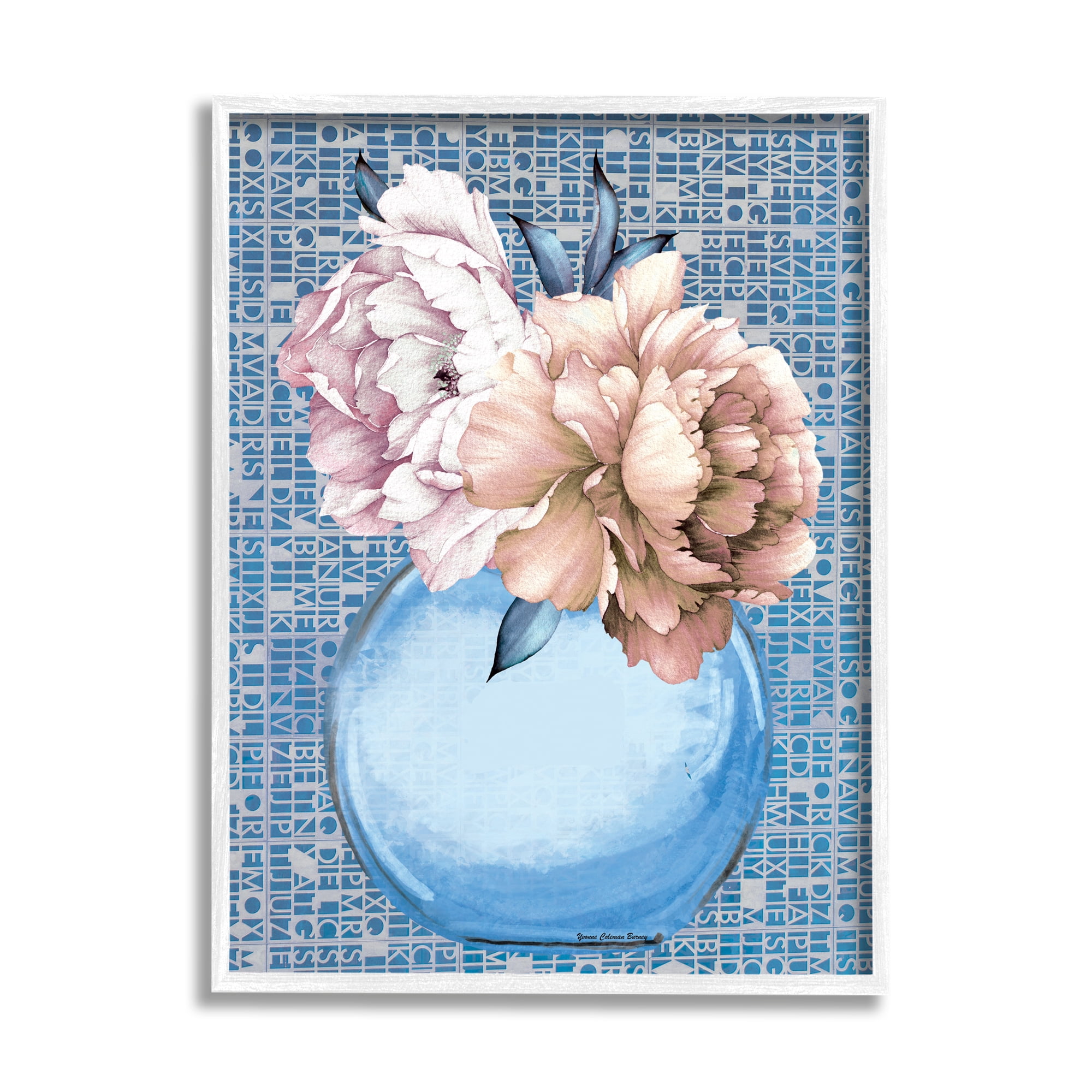 Stupell Industries Peonies on Typography Pattern Botanical & Floral Painting White Framed Art Print Wall Art, 16 x 20