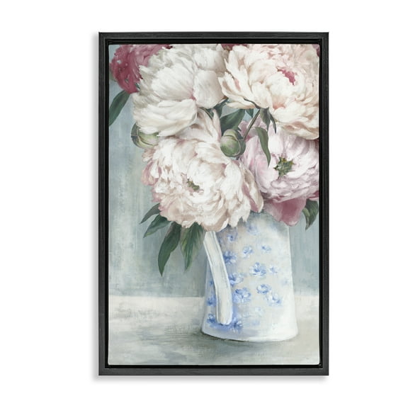 Stupell Industries Peony Blossom Vase Plants & Flowers Painting Black Floater Framed Canvas Art Print Wall Art, 17 x 25