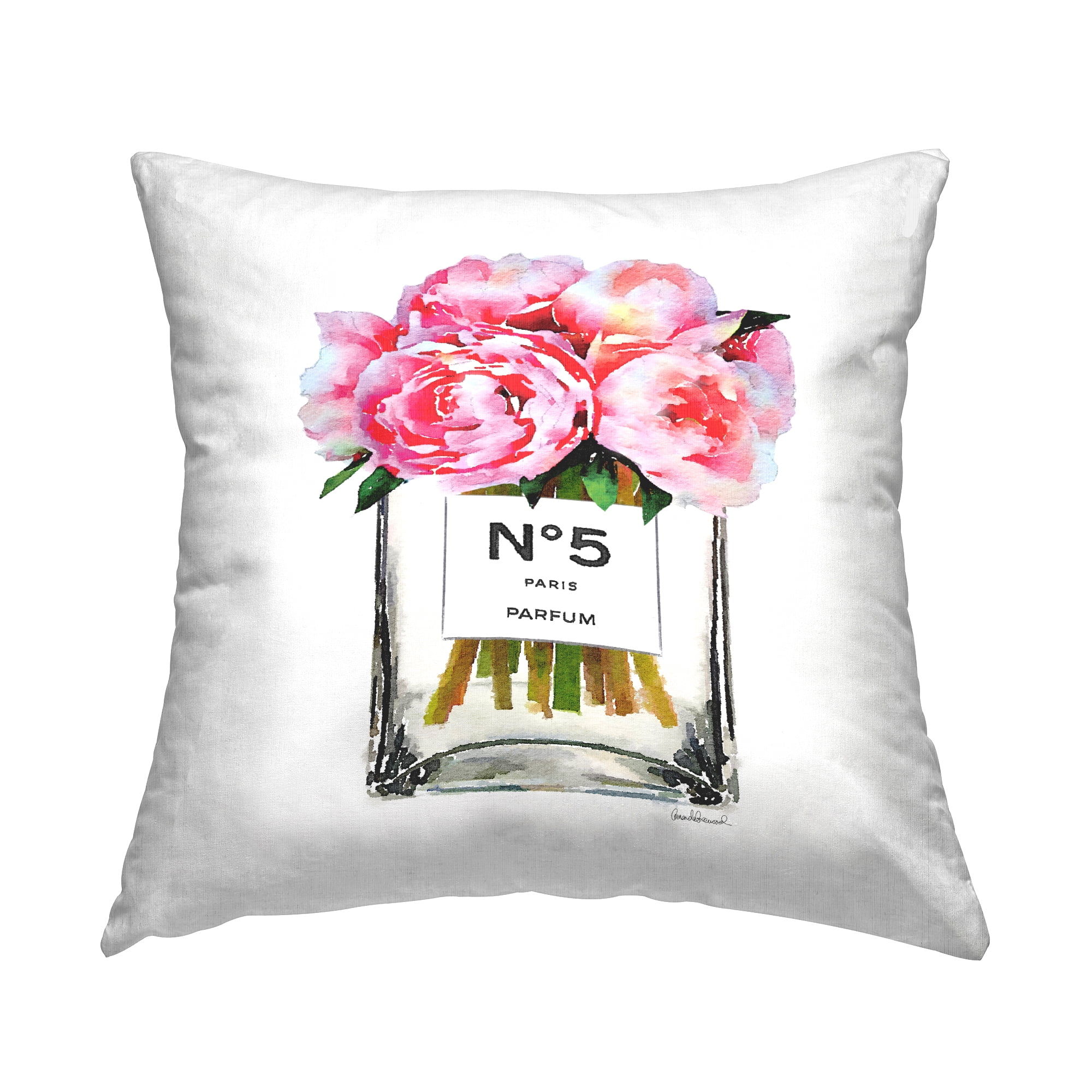 Stupell Industries Peony Bouquet Glam Perfume Bottle Square Decorative Printed Throw Pillow, 18 x 18,