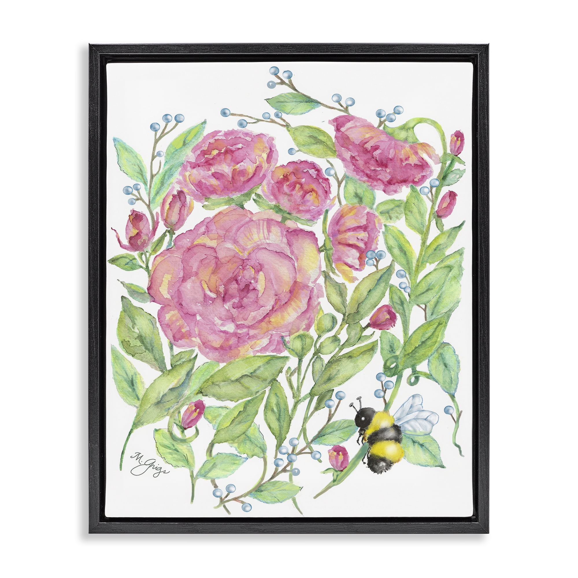 Stupell Industries Peony & Bumble Bee Black Framed Floater Canvas Wall Art, design by Maureen Grigs