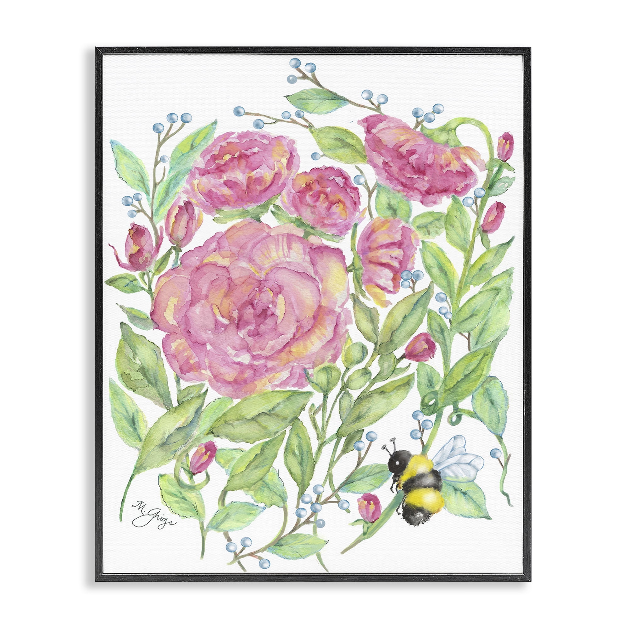 Stupell Industries Peony & Bumble Bee Black Framed Giclee Art, design by Maureen Grigs