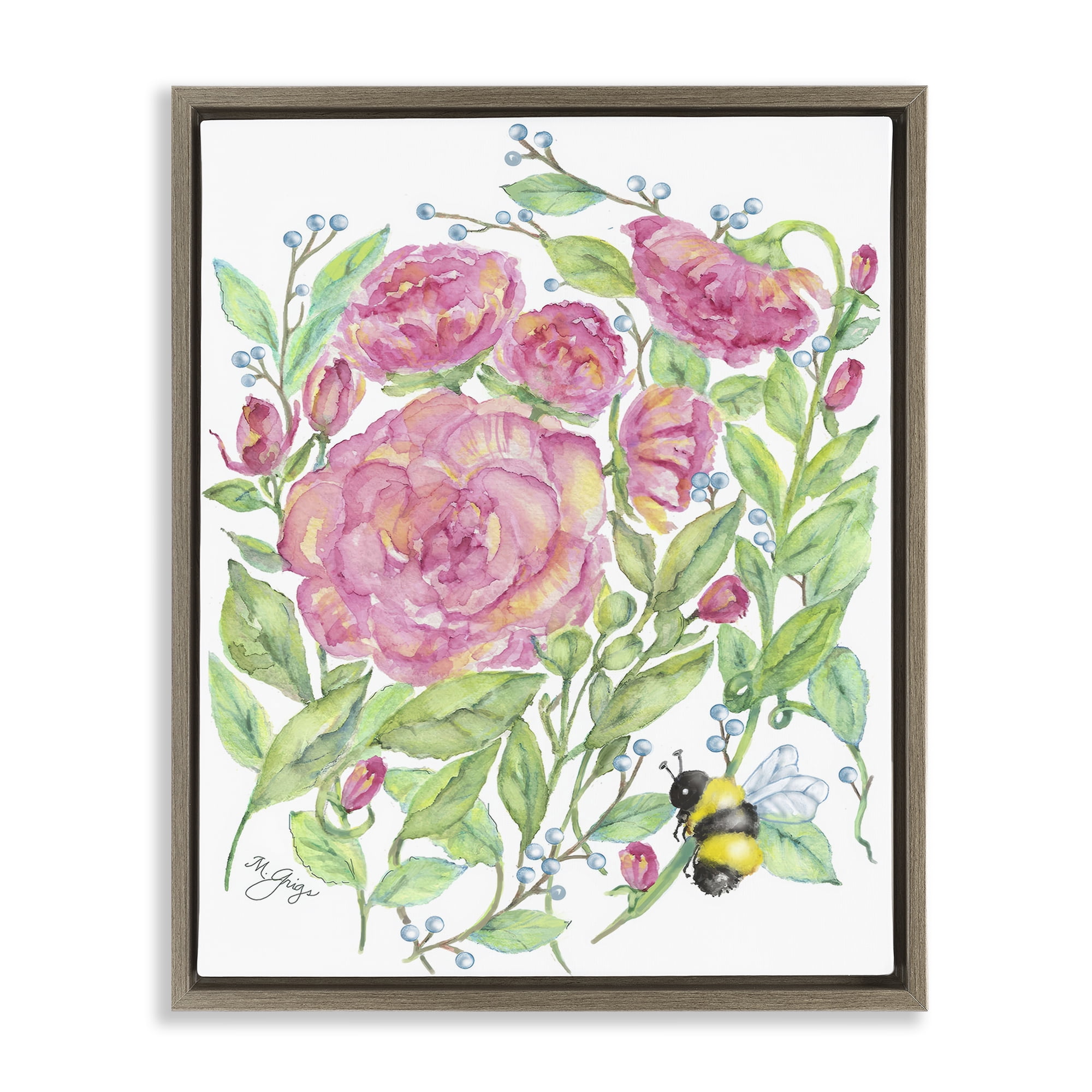 Stupell Industries Peony & Bumble Bee Brown Framed Floater Canvas Wall Art, design by Maureen Grigs