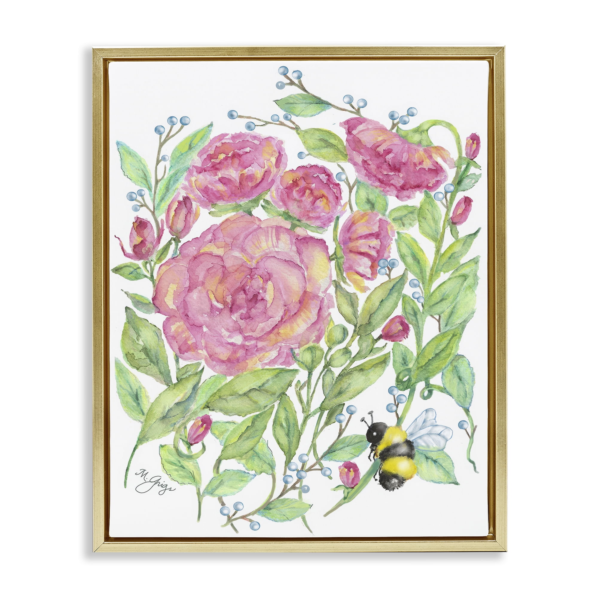 Stupell Industries Peony & Bumble Bee Gold Framed Floater Canvas Wall Art, design by Maureen Grigs