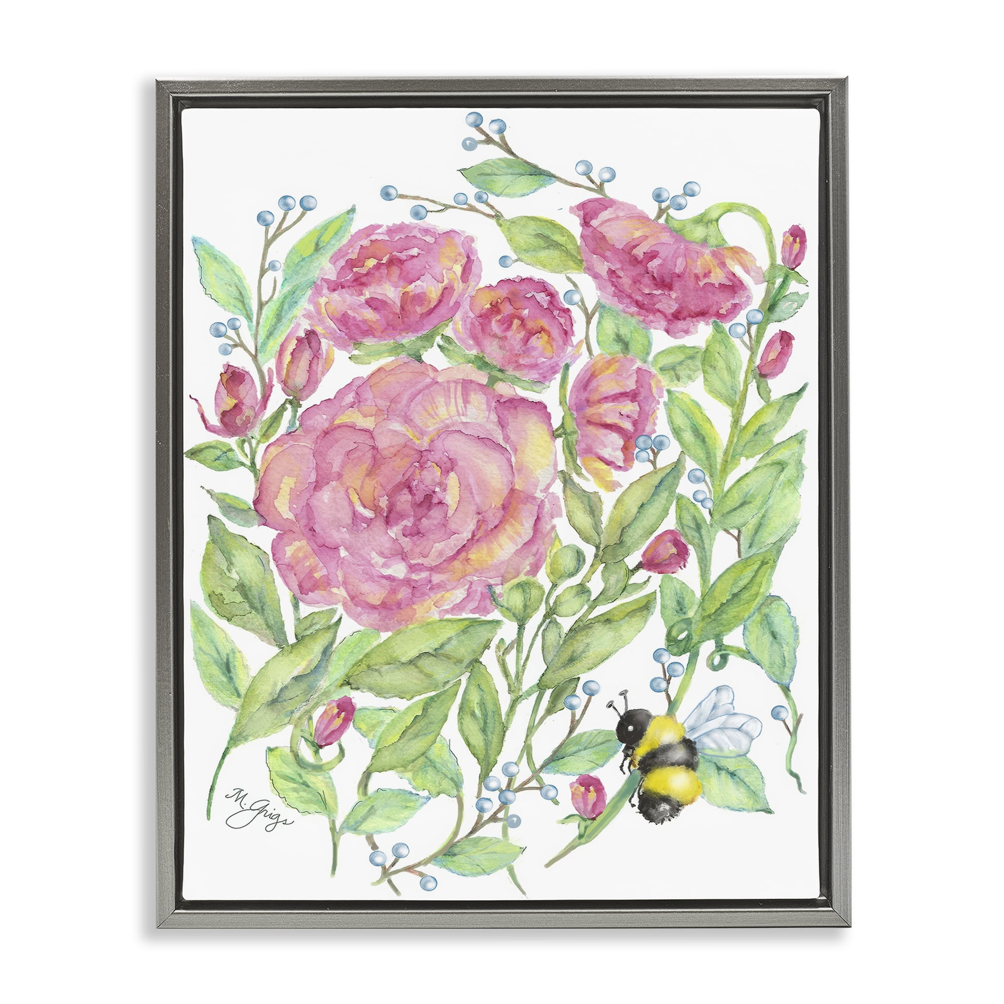 Stupell Industries Peony & Bumble Bee Gray Framed Floater Canvas Wall Art, design by Maureen Grigs