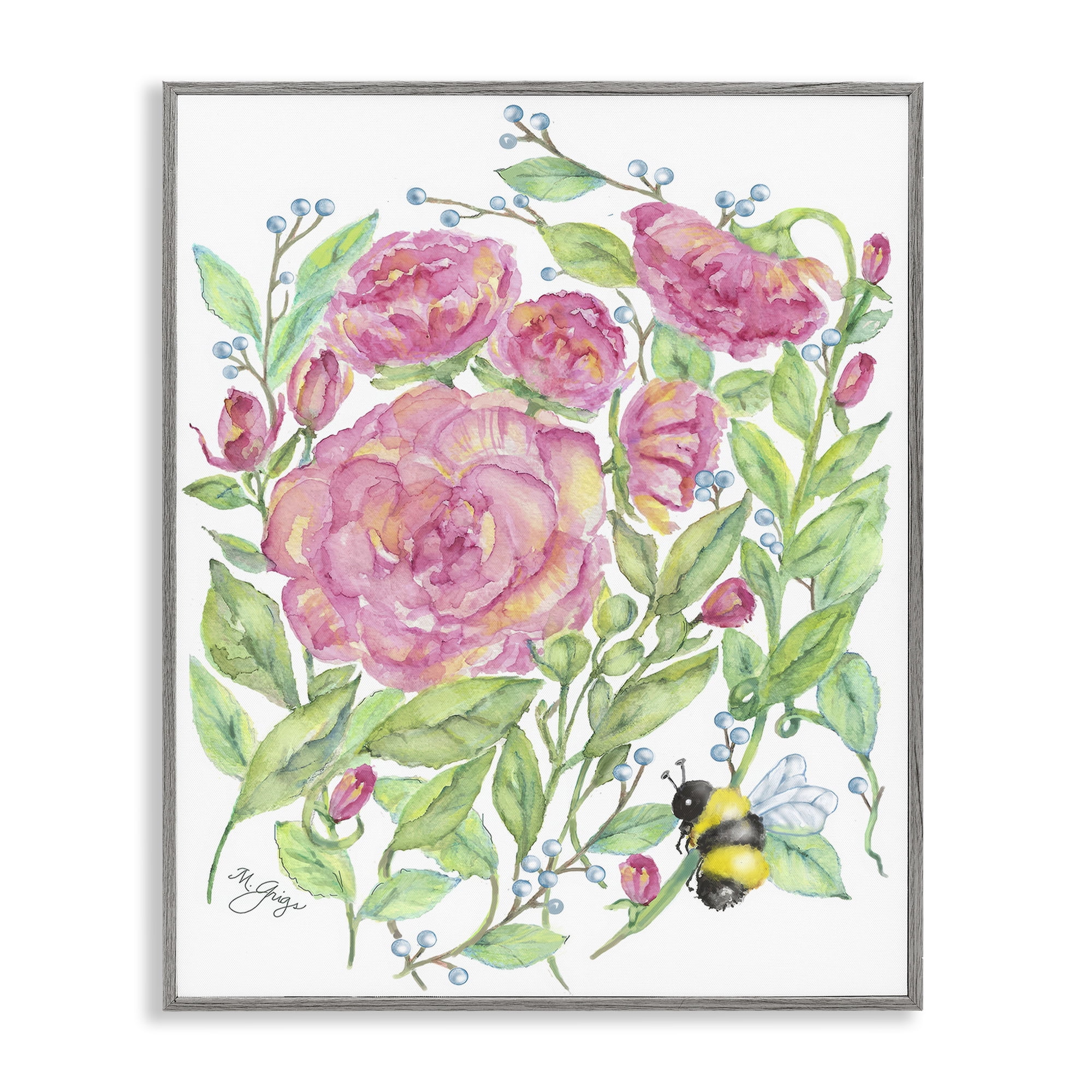 Stupell Industries Peony & Bumble Bee Gray Framed Giclee Art, design by Maureen Grigs