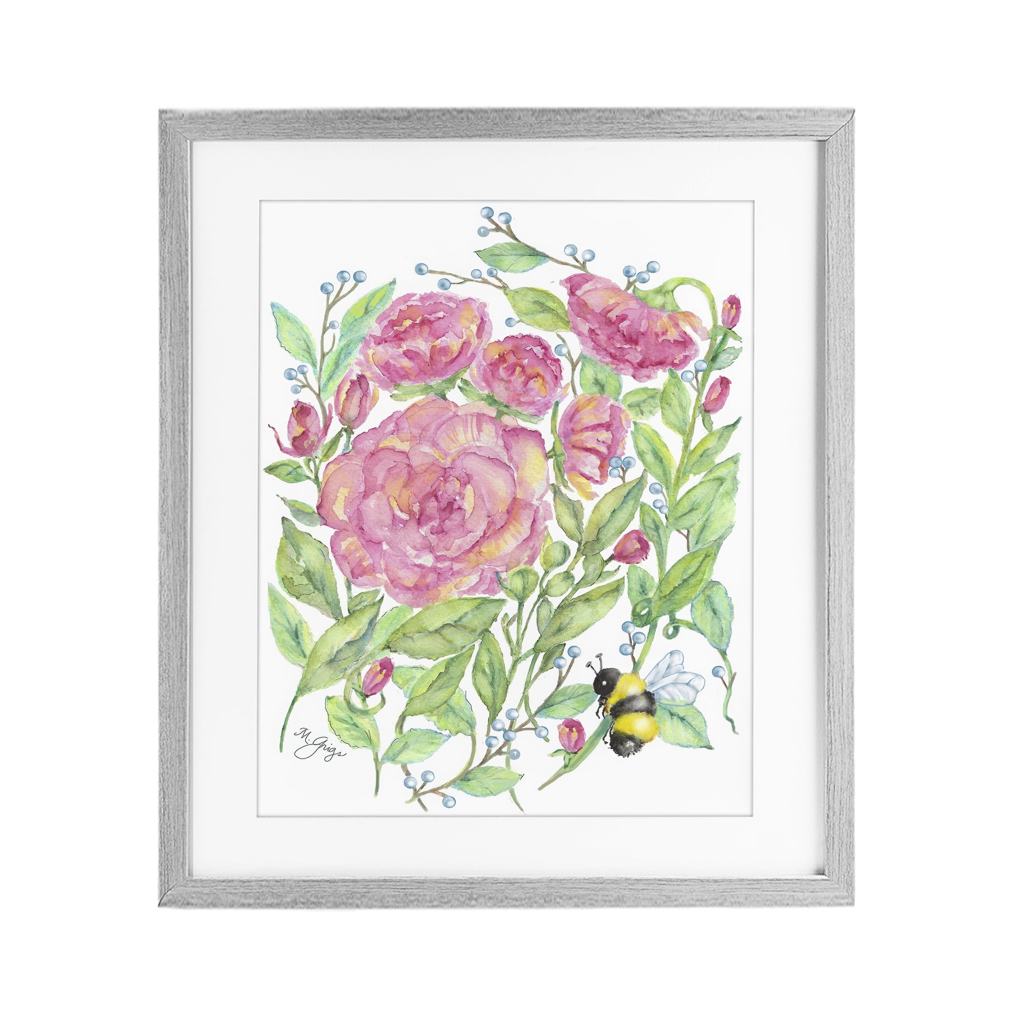 Stupell Industries Peony & Bumble Bee Gray Framed Print Under Glass, design by Maureen Grigs