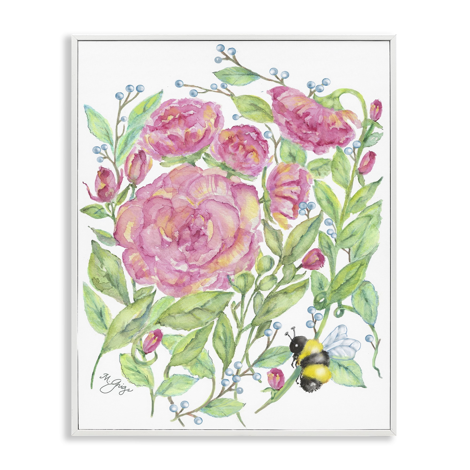 Stupell Industries Peony & Bumble Bee White Framed Giclee Art, design by Maureen Grigs